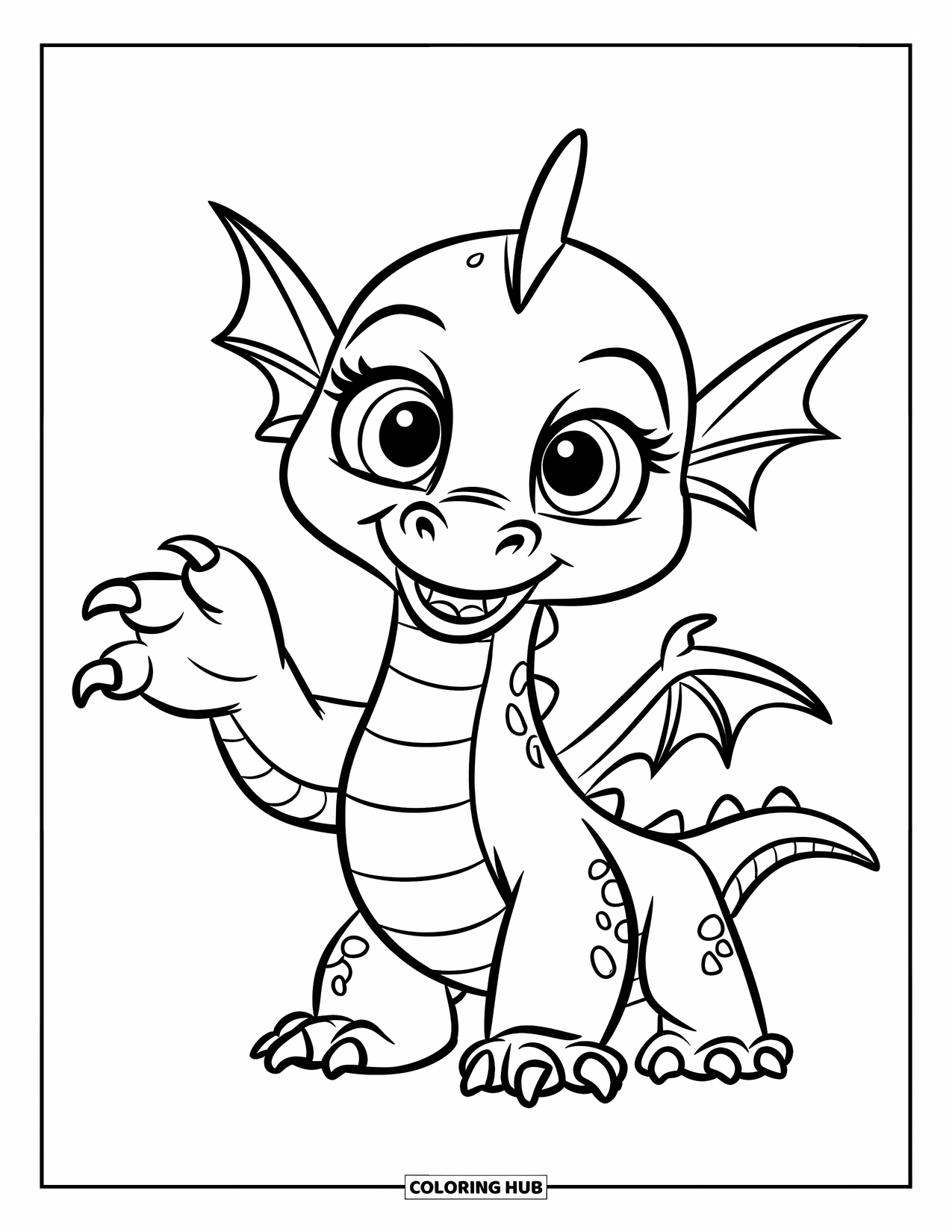 Dibujo de dragón para colorear para niños: Un dragón juguetón con grandes ojos agita una pequeña garra, de pie felizmente contra un fondo blanco