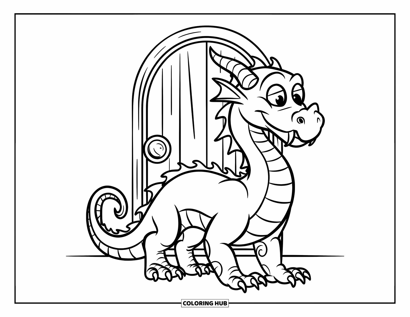 Dibujo de dragón para colorear para niños: Un dragón de cuerpo redondo con una larga cola observa una misteriosa puerta antigua con los ojos muy abiertos