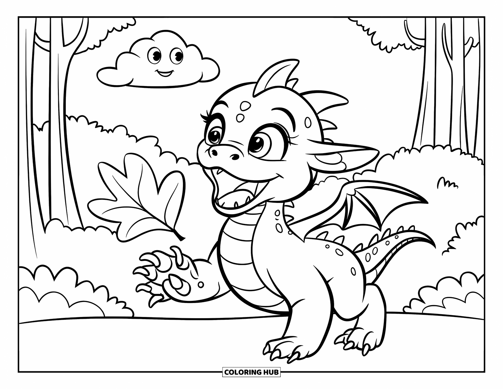 Dibujo de dragón para colorear para niños: Un dragón redondo con pequeñas púas sostiene un pequeño corazón, radiante de alegría