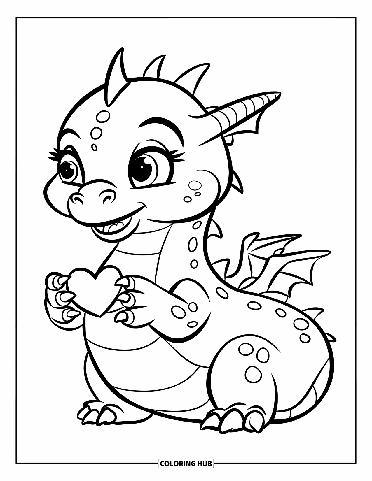 Dibujo de dragón para colorear para niños: Un dragón redondo con pequeños picos vuela sobre un castillo, sosteniendo un corazón en sus garras