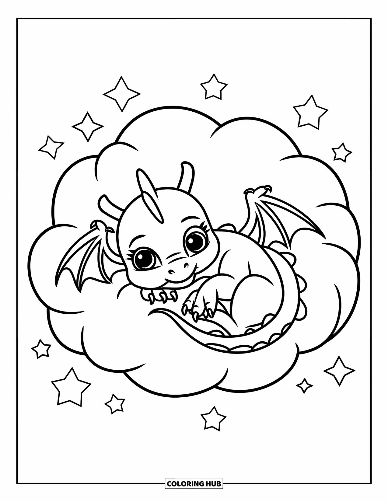 Dibujo de dragón para colorear para niños: Un dragón de cara redonda se acurruca en una nube esponjosa, con los ojos cerrados en un sueño pacífico