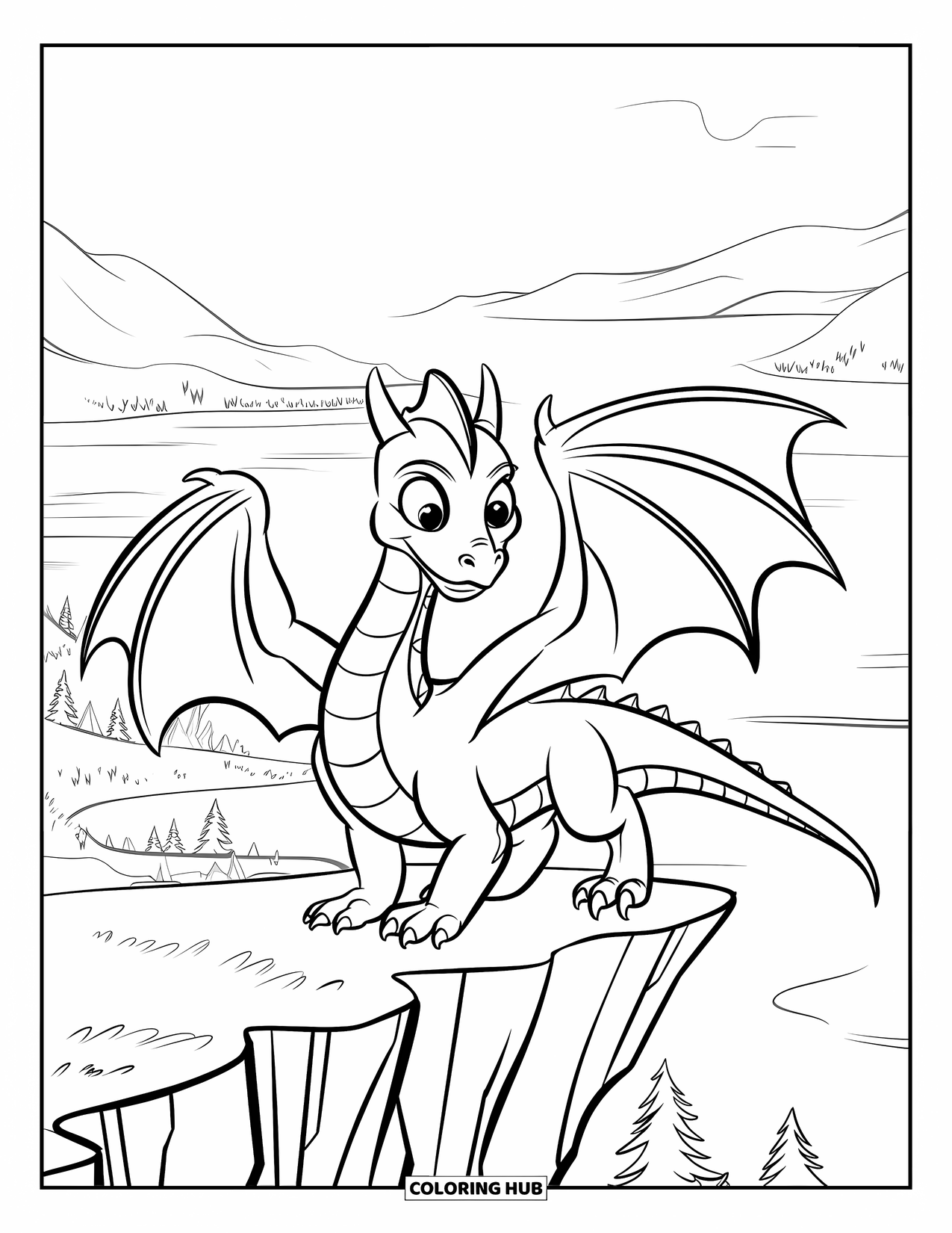 Dibujo de dragón para colorear para niños: Un elegante dragón se posa en un acantilado, listo para volar sobre montañas distantes