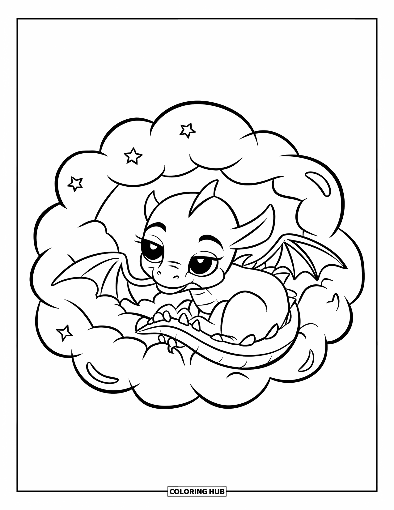 Dibujo de dragón para colorear para niños: Un dragón somnoliento se acurruca en una nube suave, con pequeñas alas metidas mientras sueña