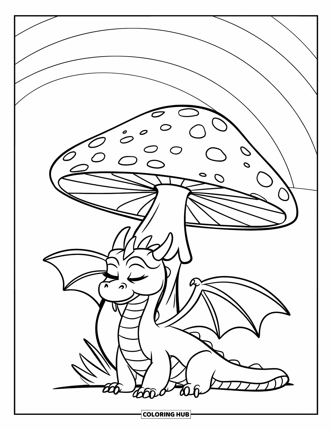 Dibujo de dragón para colorear para niños: Un dragón somnoliento descansa bajo un hongo, disfrutando pacíficamente de la suave brisa