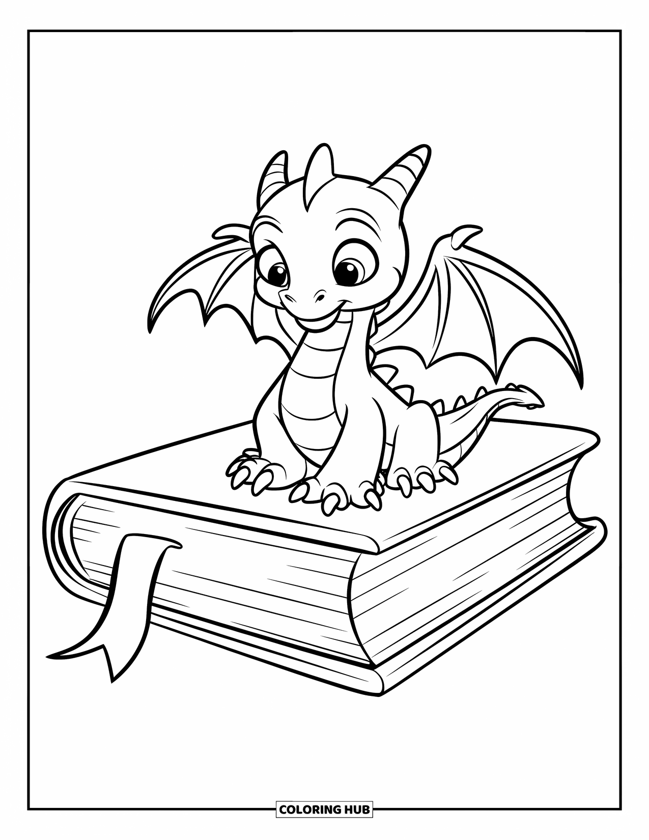 Dibujo de dragón para colorear para niños: Un pequeño dragón descansa sobre un libro abierto, mirando con curiosidad las páginas