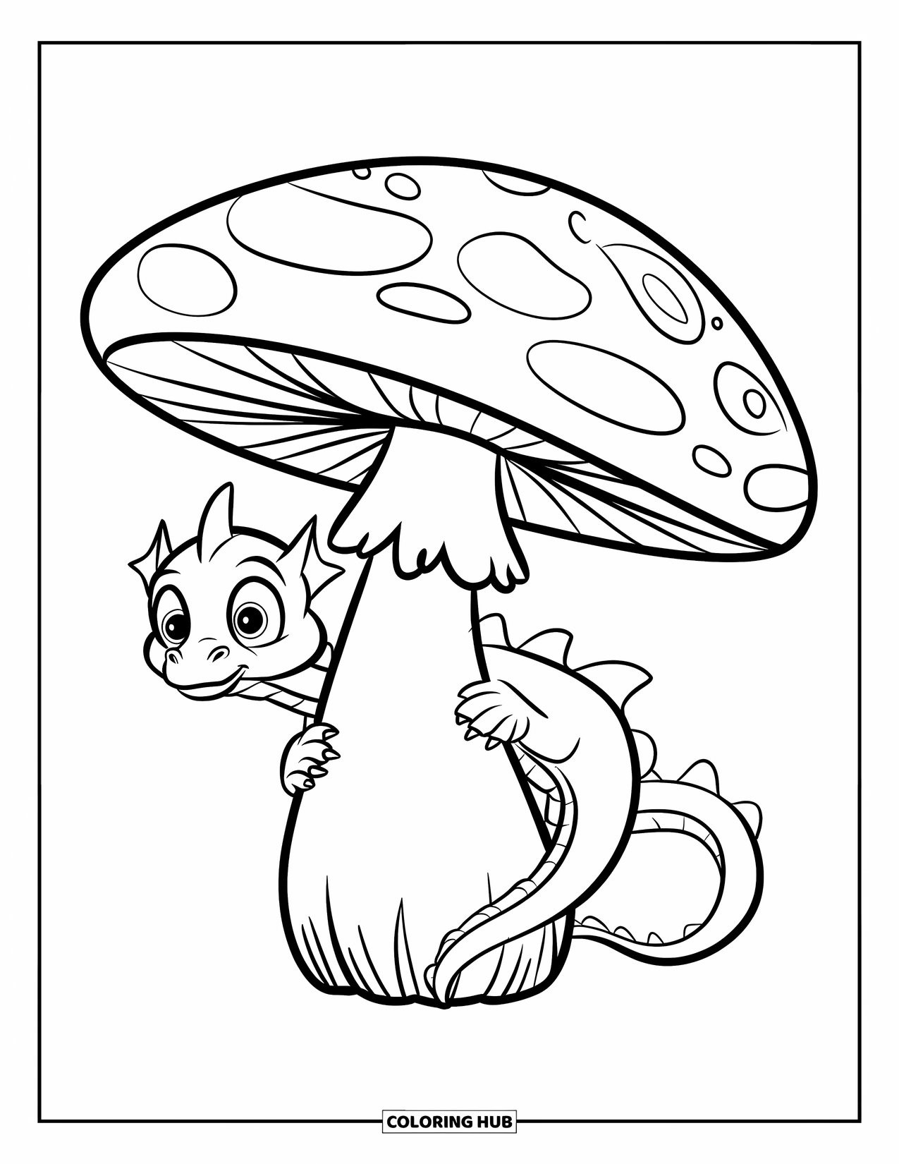 Dibujo de dragón para colorear para niños: Un pequeño dragón se envuelve alrededor de un hongo gigante, asomando con grandes ojos curiosos