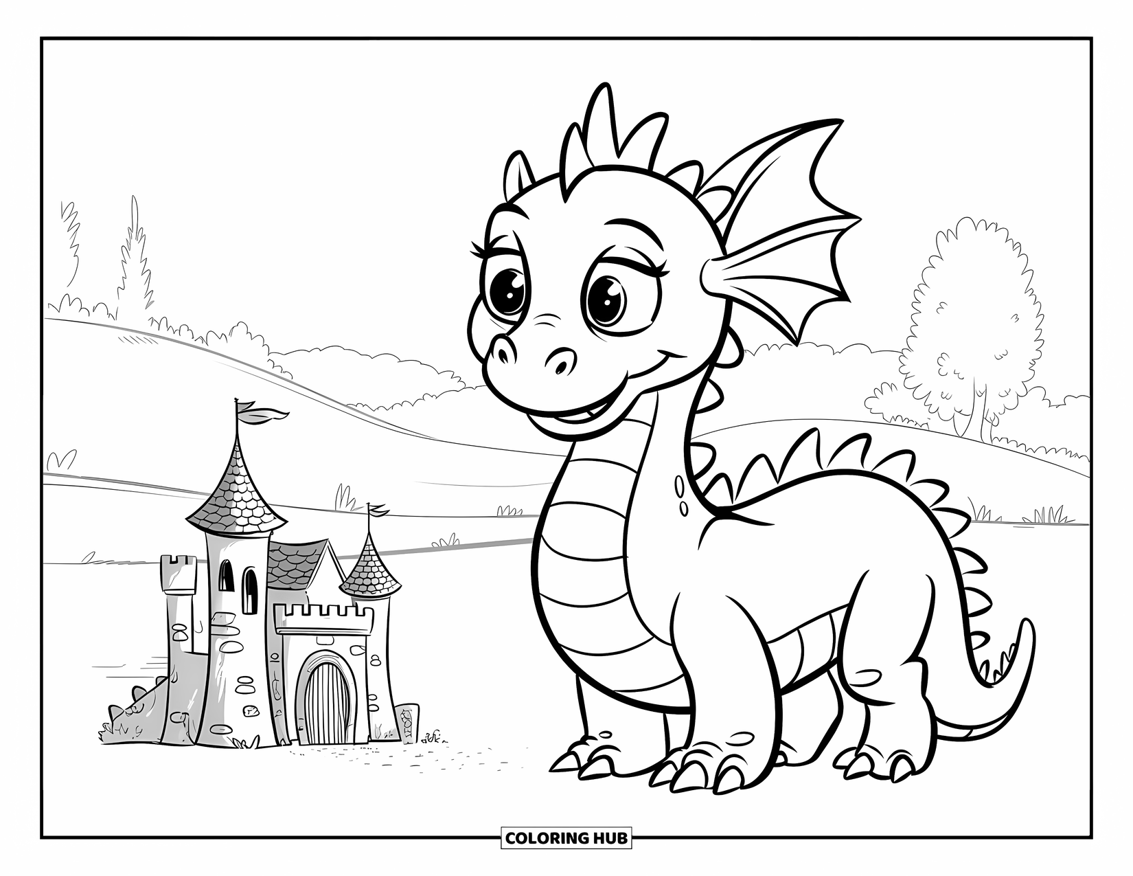 Dibujo de dragón para colorear para niños: Un dragón de patas rechonchas con una corona se encuentra junto a un pequeño castillo con torres de piedra