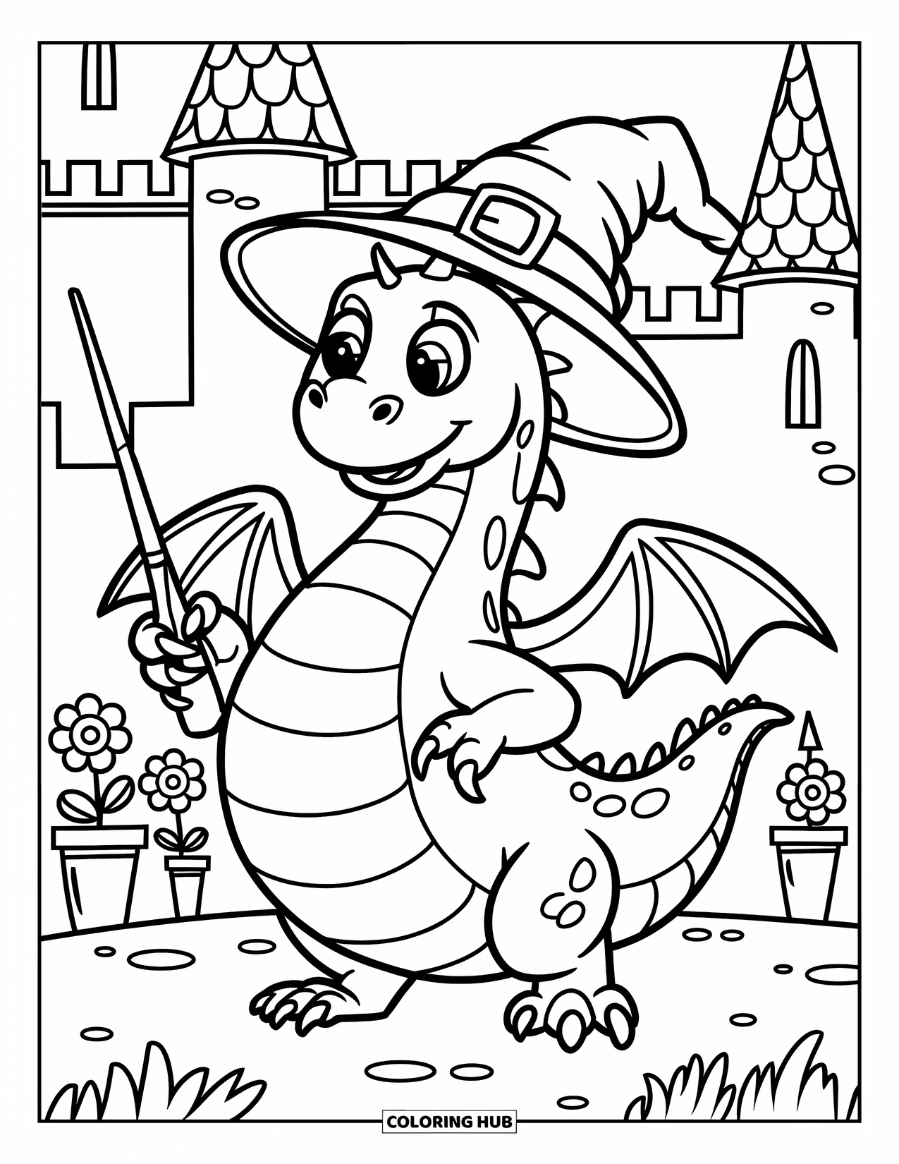 Dibujo de dragón para colorear para niños: Un dragón mago con un sombrero y una varita se encuentra cerca de un castillo, rodeado de flores