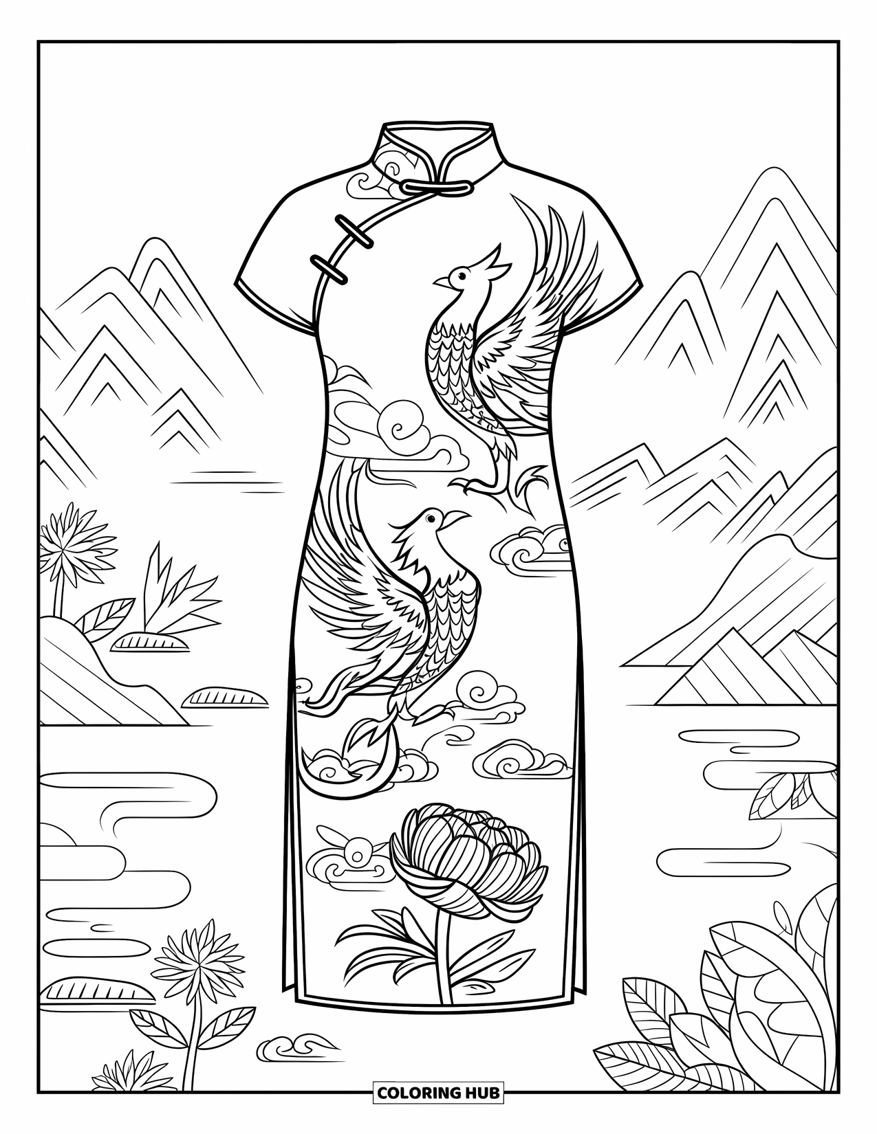 Kolorowanka z sukienką dla dorosłych: Chińskie Qipao z haftem feniksa i piwonii, wysokim kołnierzem i węzłami-guzikami