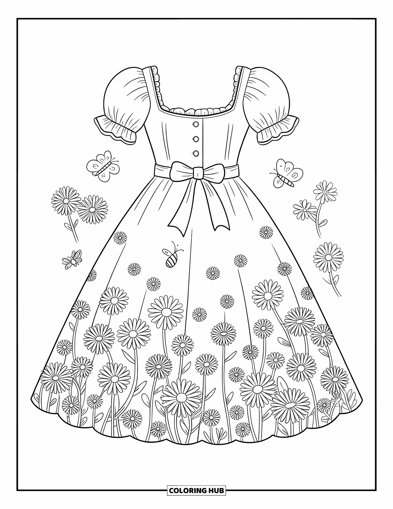 Kolorowanka z sukienką dla dorosłych: Letnia sukienka w łąkę stokrotek z falbankami na rękawach, paskiem wiązanym na kokardę i kwiatowymi detalami