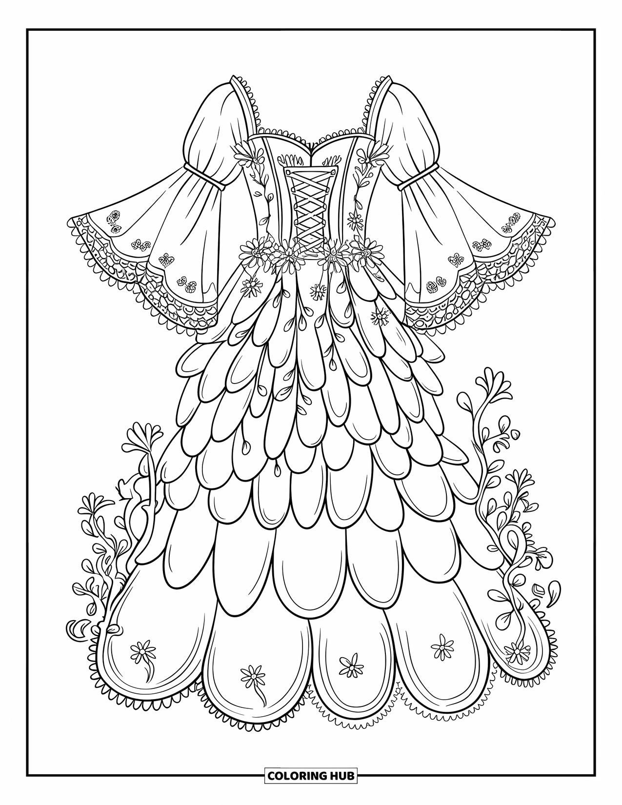 Kolorowanka z sukienką dla dorosłych: Delikatna sukienka wróżki z kaskadowymi płatkami, koronkowymi rękawami i drobnymi detalami z winorośli