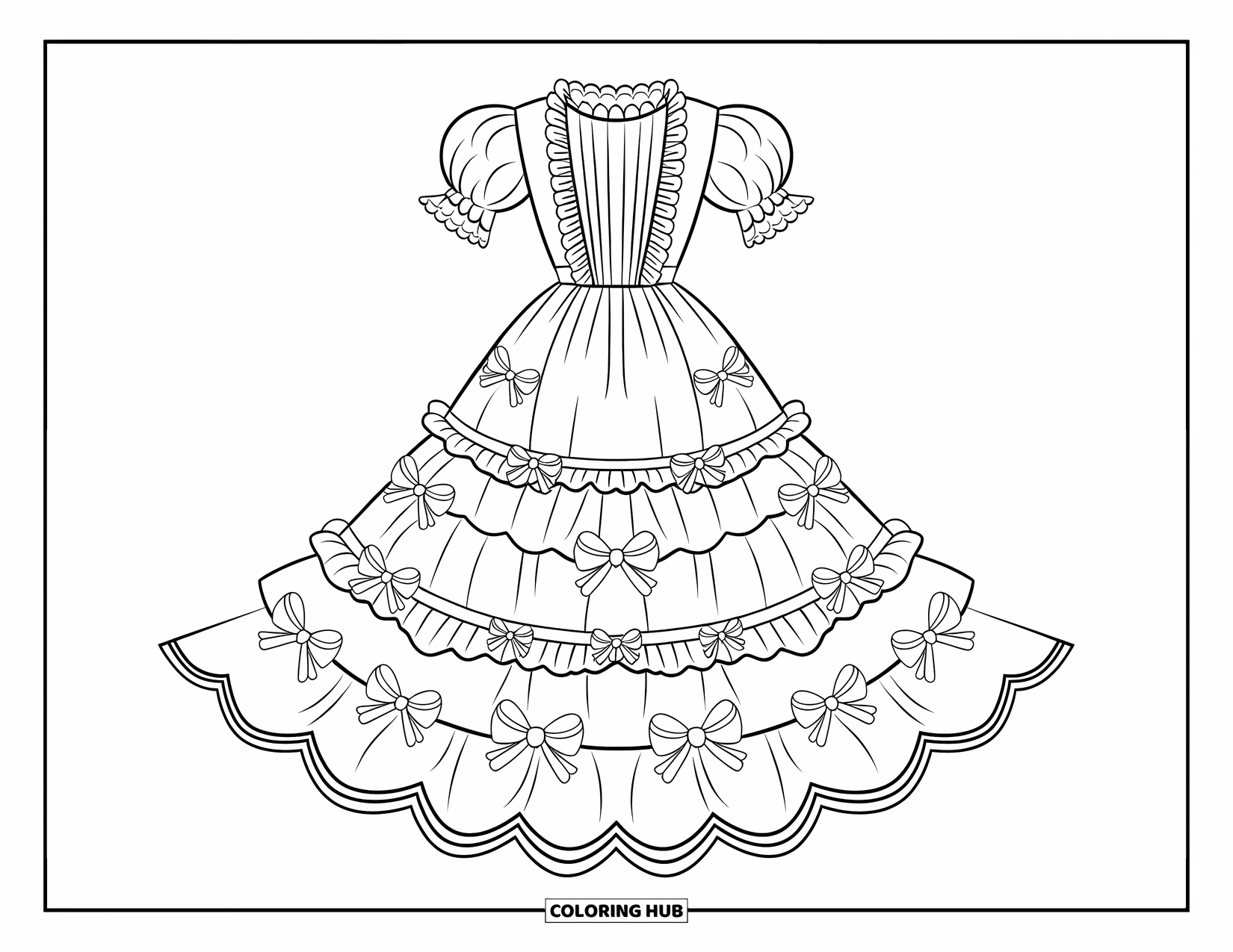 Kolorowanka z sukienką dla dorosłych: Zwiewna sukienka z wstążkami, koronkowym kołnierzykiem, bufiastymi rękawami i talią zawiązaną kokardą