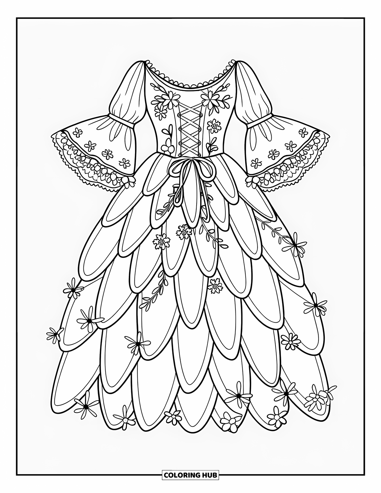 Kolorowanka z sukienką dla dorosłych: Sukienka wróżki ogrodowej o kroju litery A, sznurowaniem gorsetowym i powiewnymi rękawami