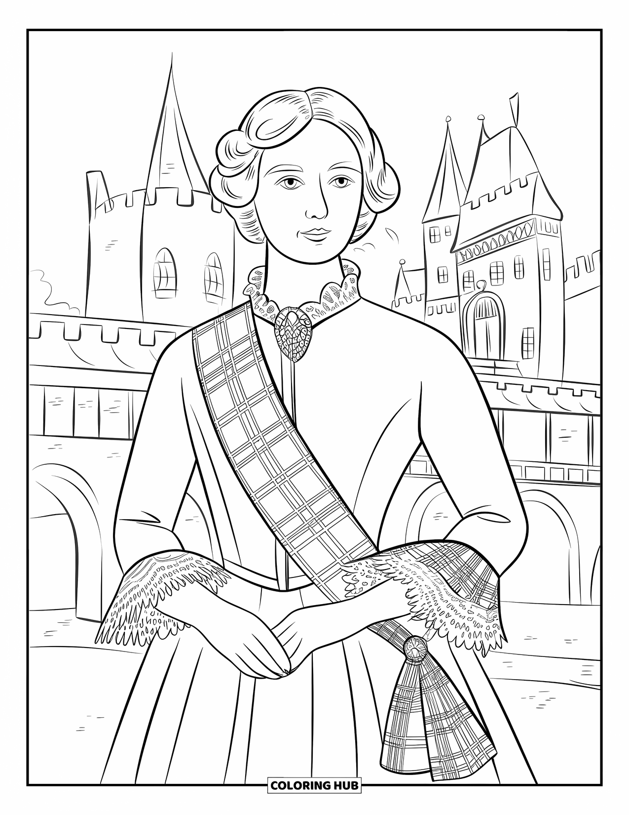 Kolorowanka z sukienką dla dorosłych: Szkocka suknia Highland z szarfą w kratę tartan, koronkowymi mankietami i tłem z zamkiem