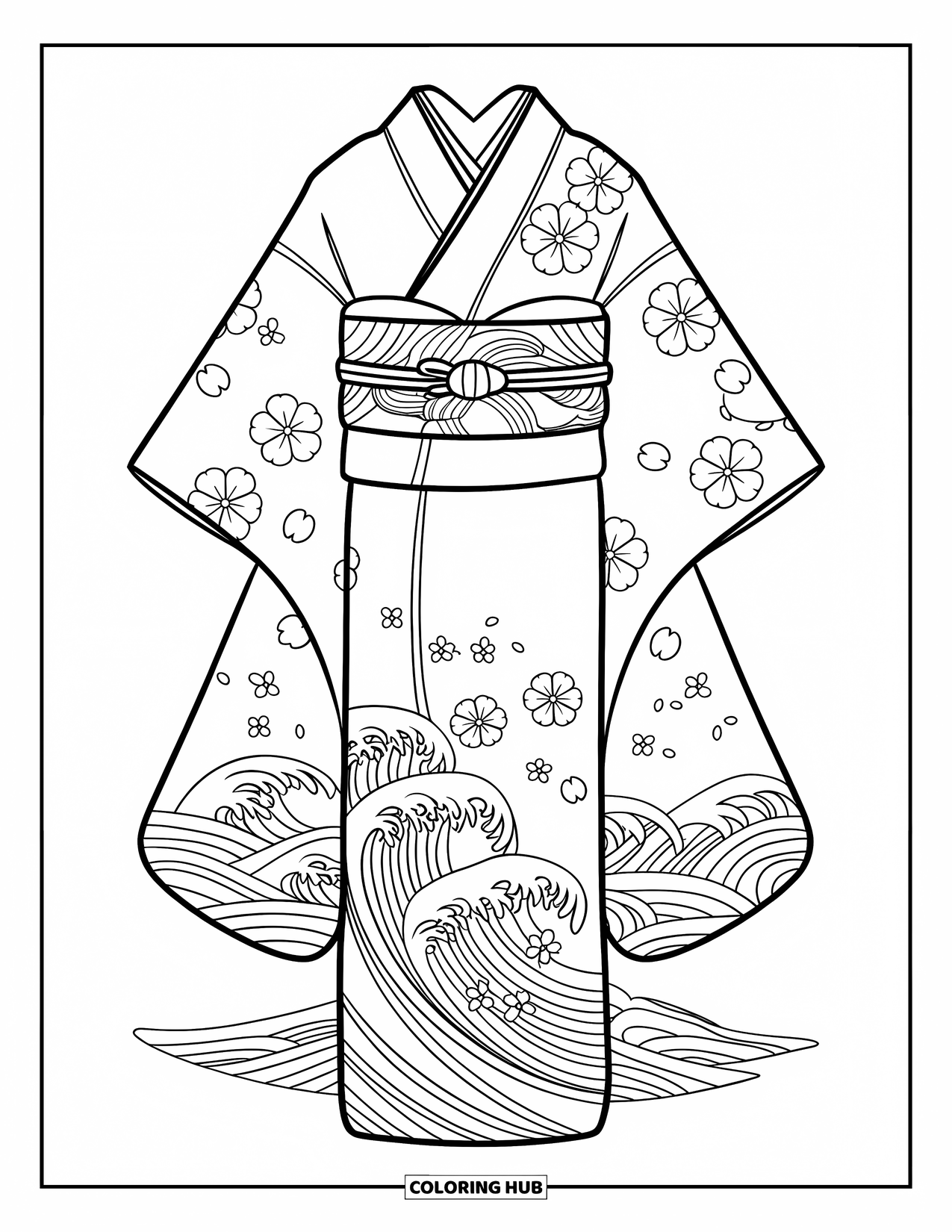 Kolorowanka z sukienką dla dorosłych: Japońskie kimono z wzorami kwiatów wiśni, szerokim pasem obi i motywami fal