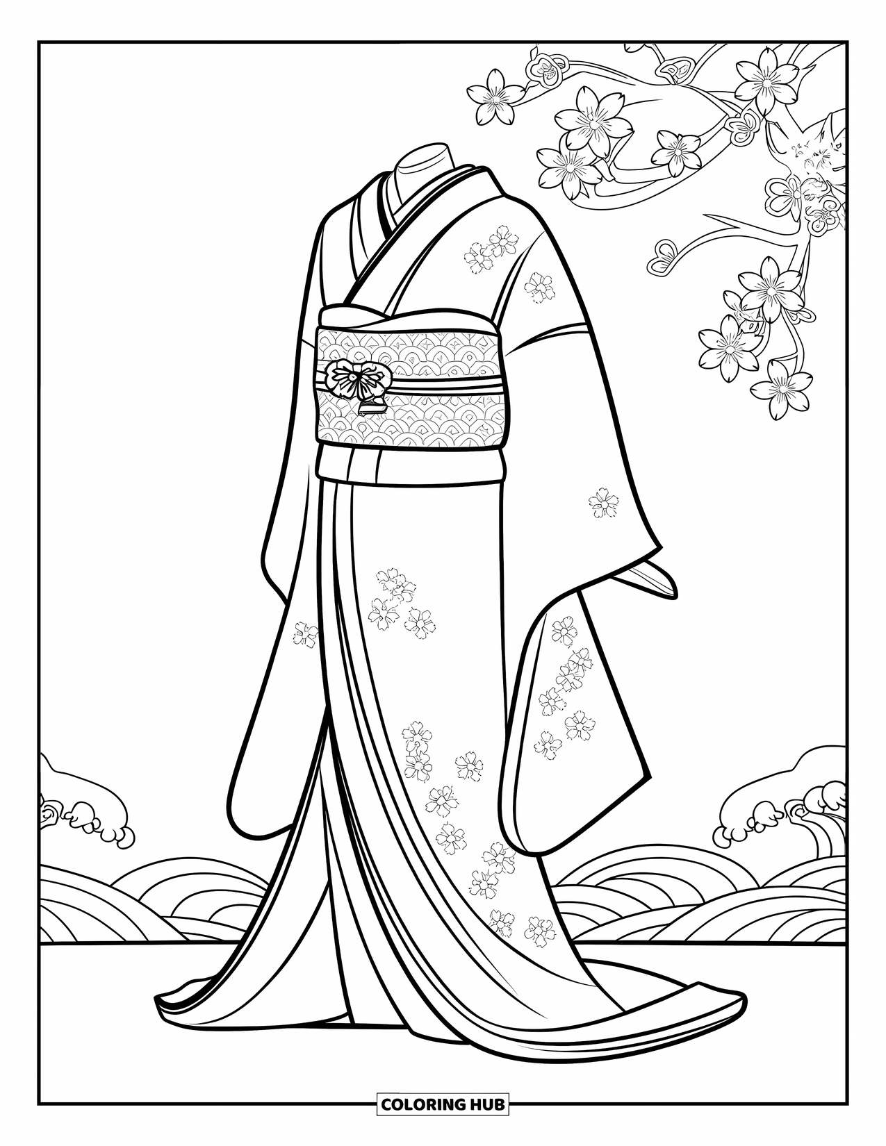 Kolorowanka z sukienką dla dorosłych: Japońskie kimono z kwiatami wiśni i motywami fal, wystawione na manekinie