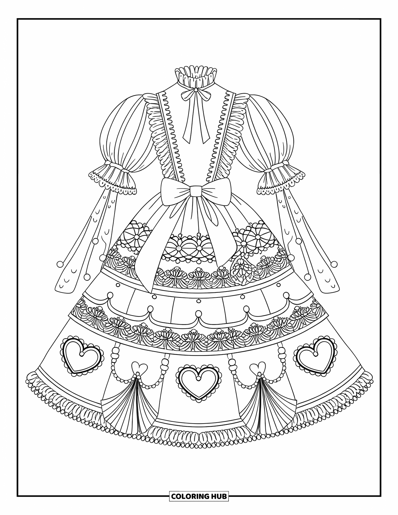 Kolorowanka z sukienką dla dorosłych: Koronkowa sukienka z wielowarstwową spódnicą, delikatnymi wstążkami i drobnymi zdobieniami