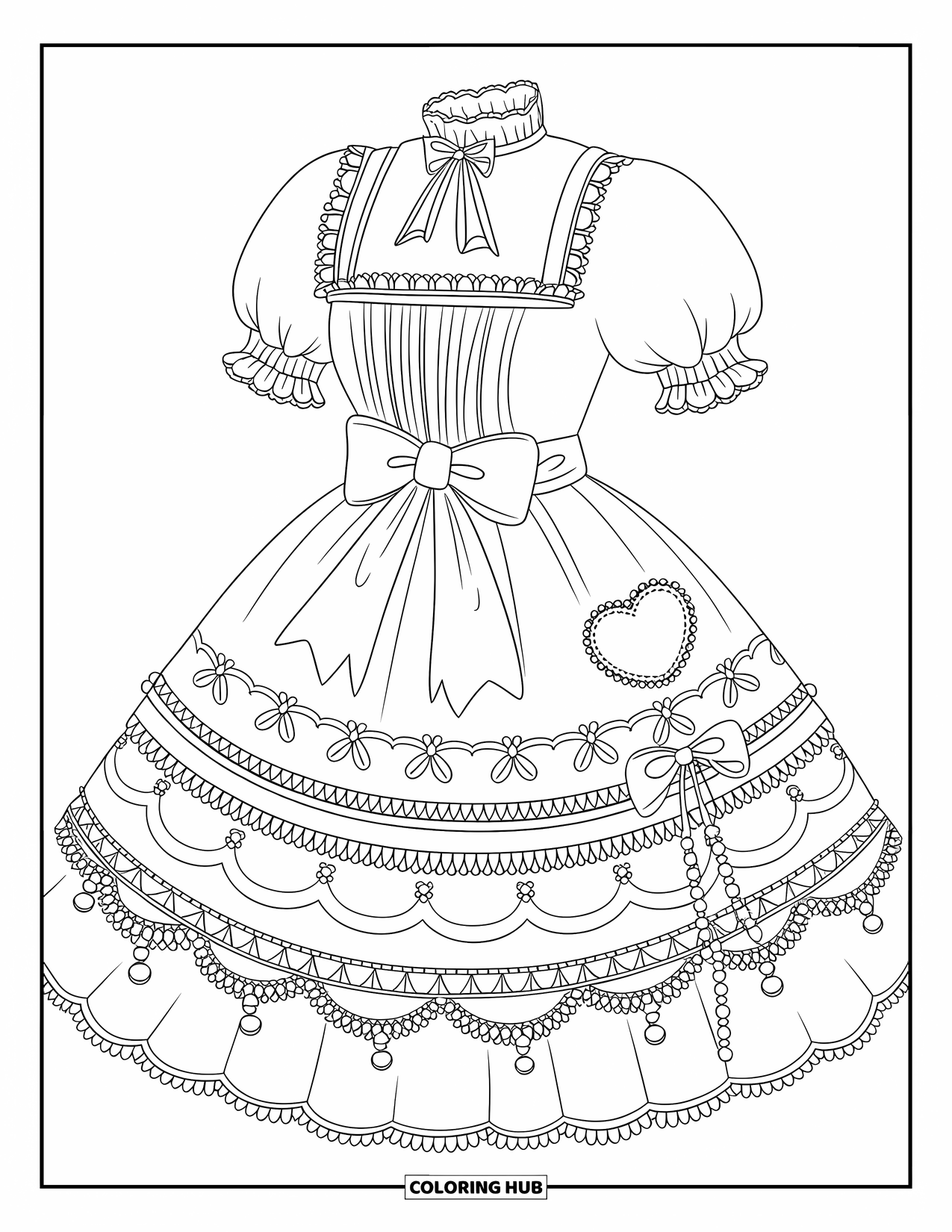 Kolorowanka z sukienką dla dorosłych: Sukienka Lolita z koronkowymi wykończeniami, gigantyczną kokardą w talii i haftem w kształcie serca
