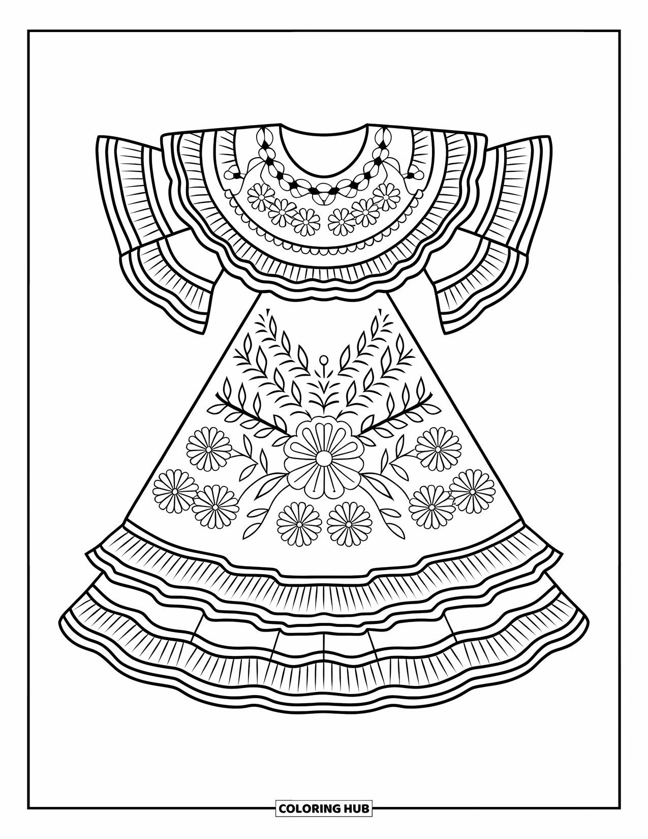 Kolorowanka z sukienką dla dorosłych: Meksykańska sukienka ludowa z haftowanymi kwiatami i warstwowymi falbanami