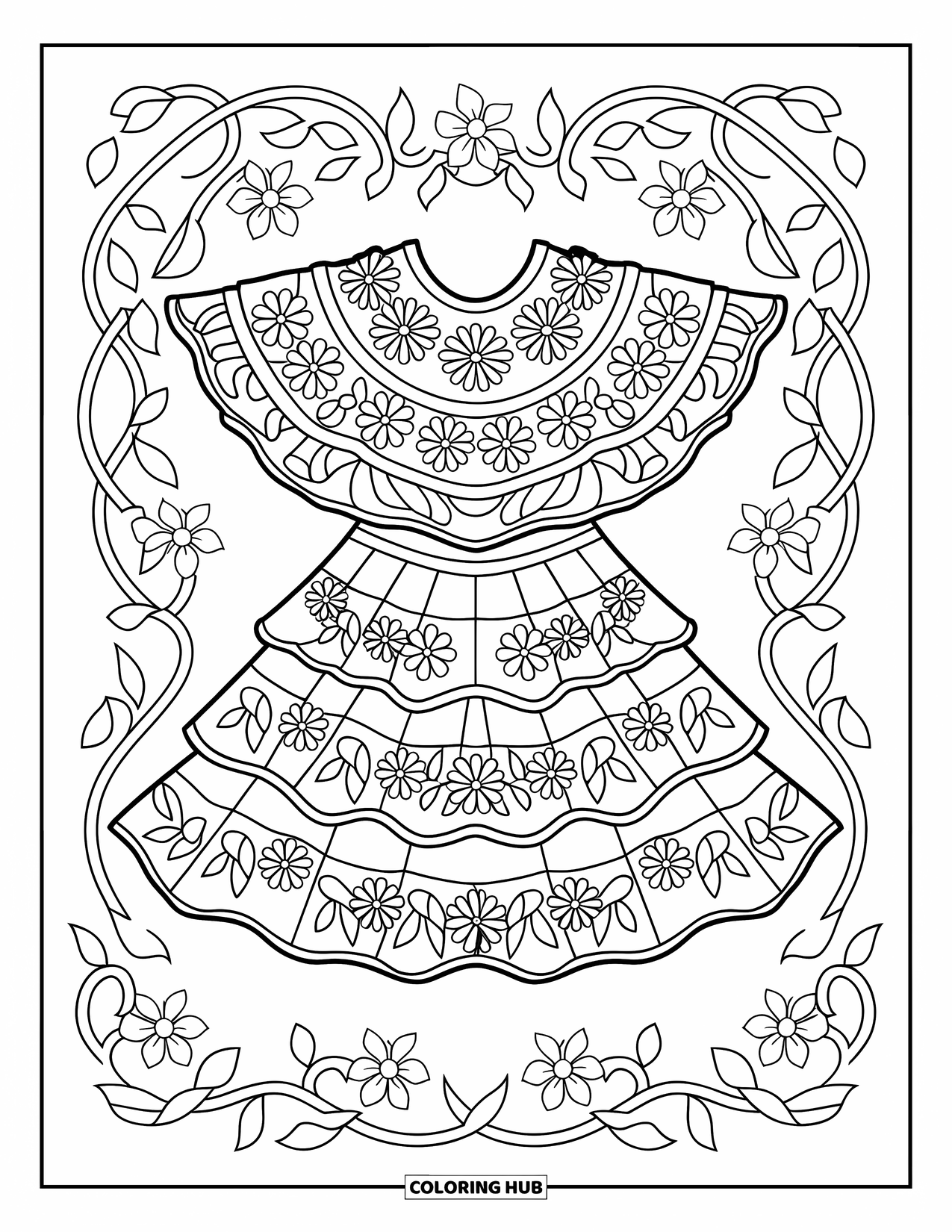 Kolorowanka z sukienką dla dorosłych: Meksykańska sukienka ludowa z kwiatowym haftem, otoczona pnączami i wzorami