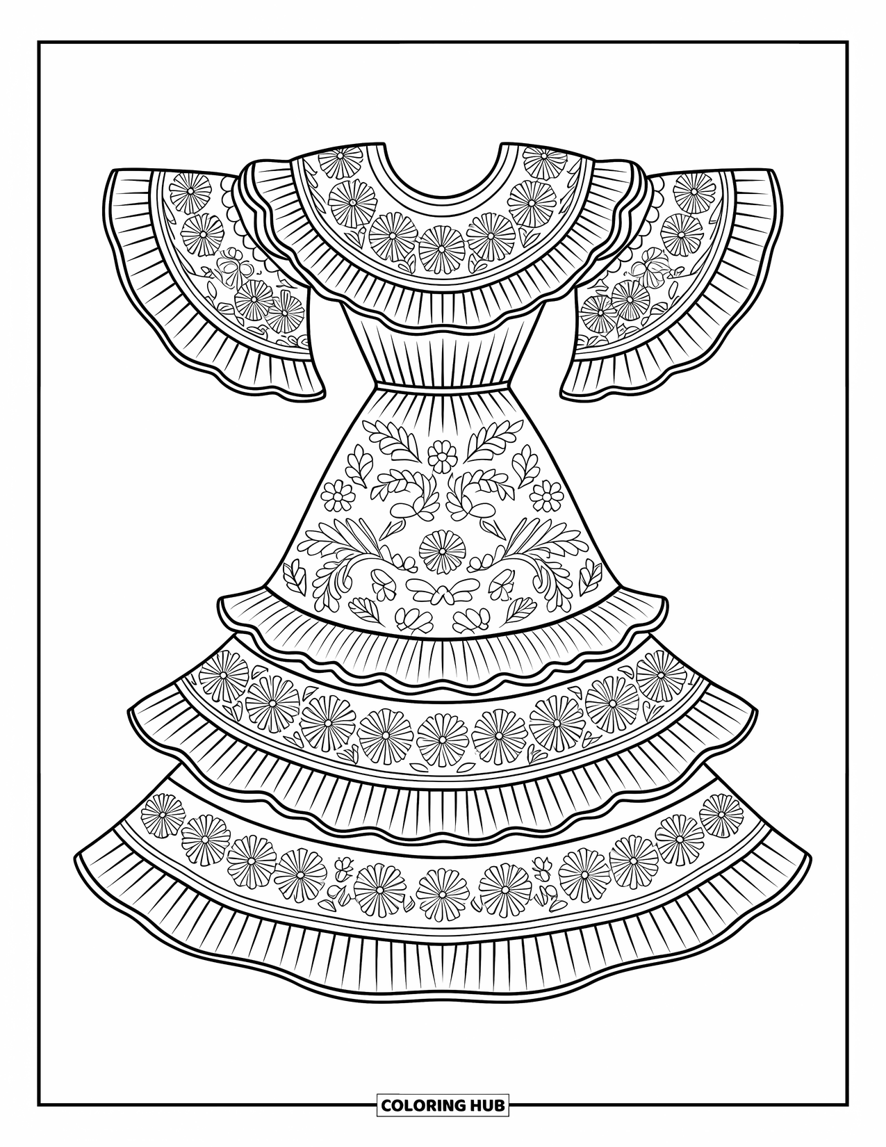 Kolorowanka z sukienką dla dorosłych: Meksykańska sukienka ludowa z falbanami, kwiatowym haftem i szerokimi rękawami
