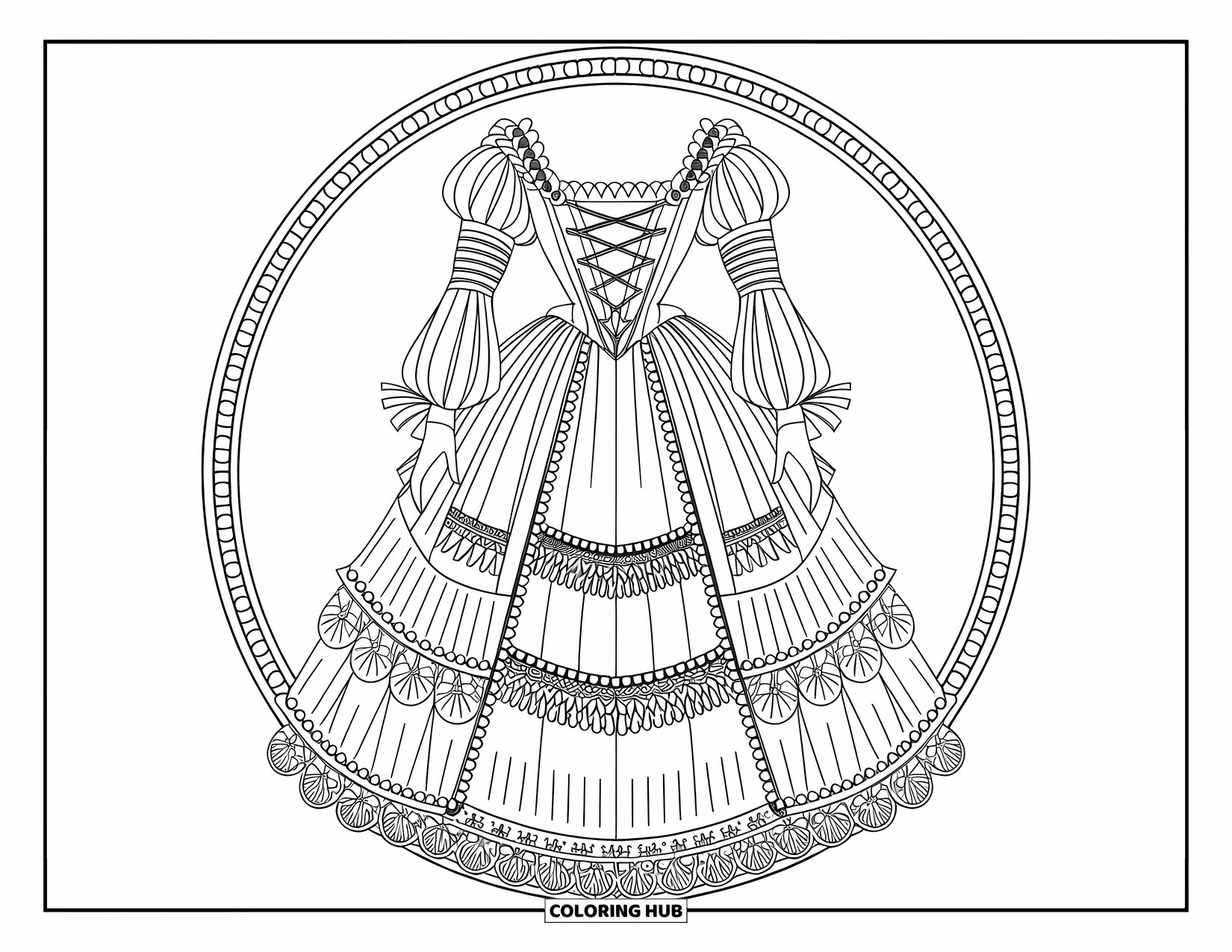 Kolorowanka z sukienką dla dorosłych: Suknia renesansowa z gorsetem, haftem, koronkowymi warstwami i perłowymi zdobieniami
