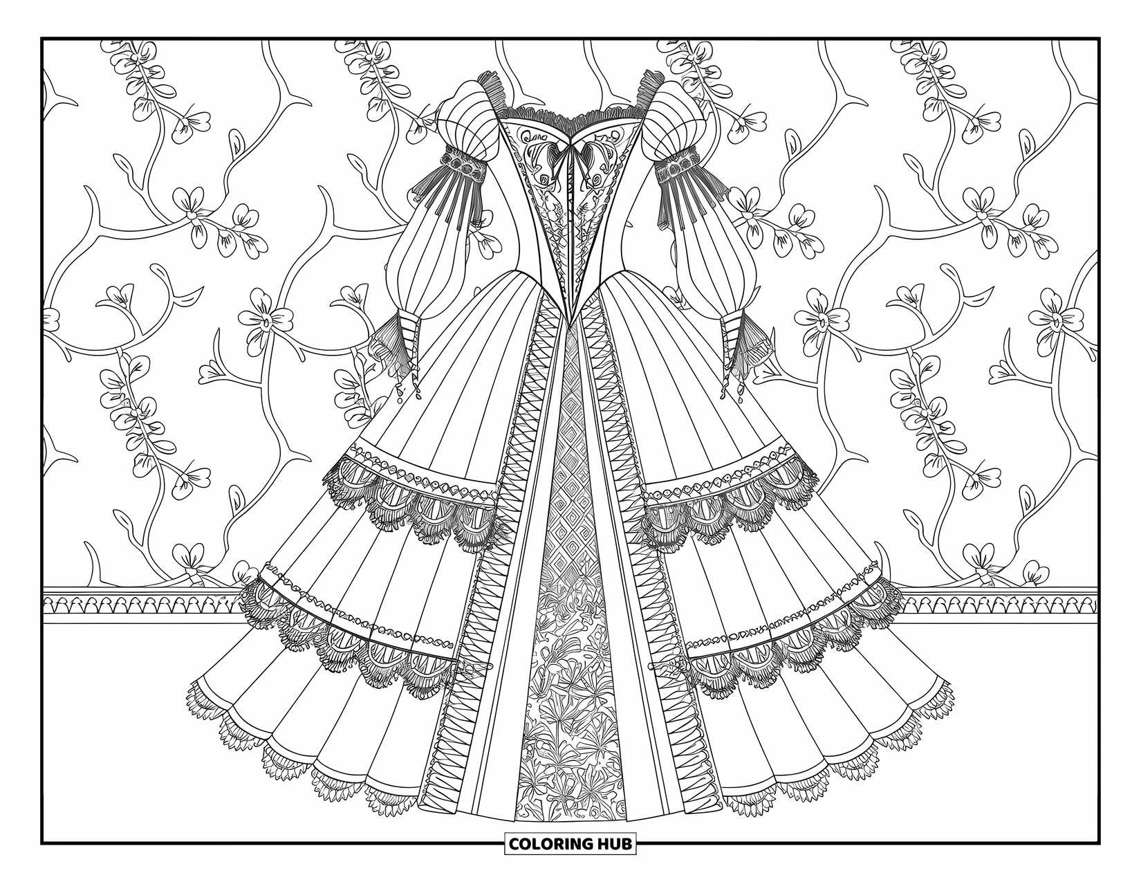 Kolorowanka z sukienką dla dorosłych: Suknia renesansowa z perłami, koronką i tłem ze ścianą we wzory kwiatowe