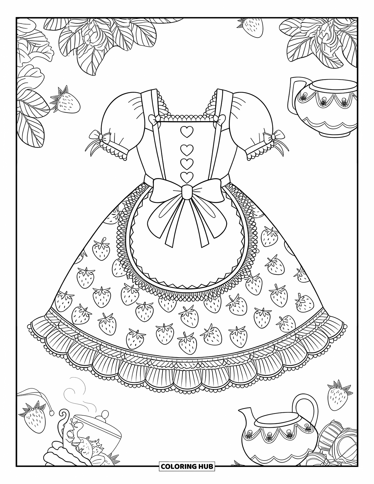 Kolorowanka z sukienką dla dorosłych: Sukienka o tematyce truskawkowej z koronkowymi falbanami, guzikami w kształcie serc i spódnicą w stylu fartucha