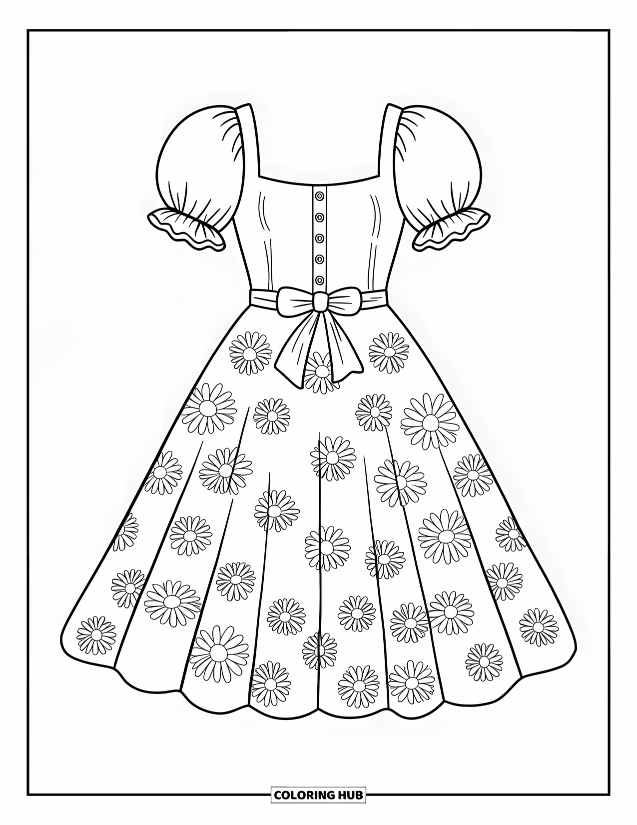 Kolorowanka z sukienką dla dorosłych: Letnia sukienka ze spódnicą w stokrotki, kwadratowym dekoltem i bufiastymi rękawami