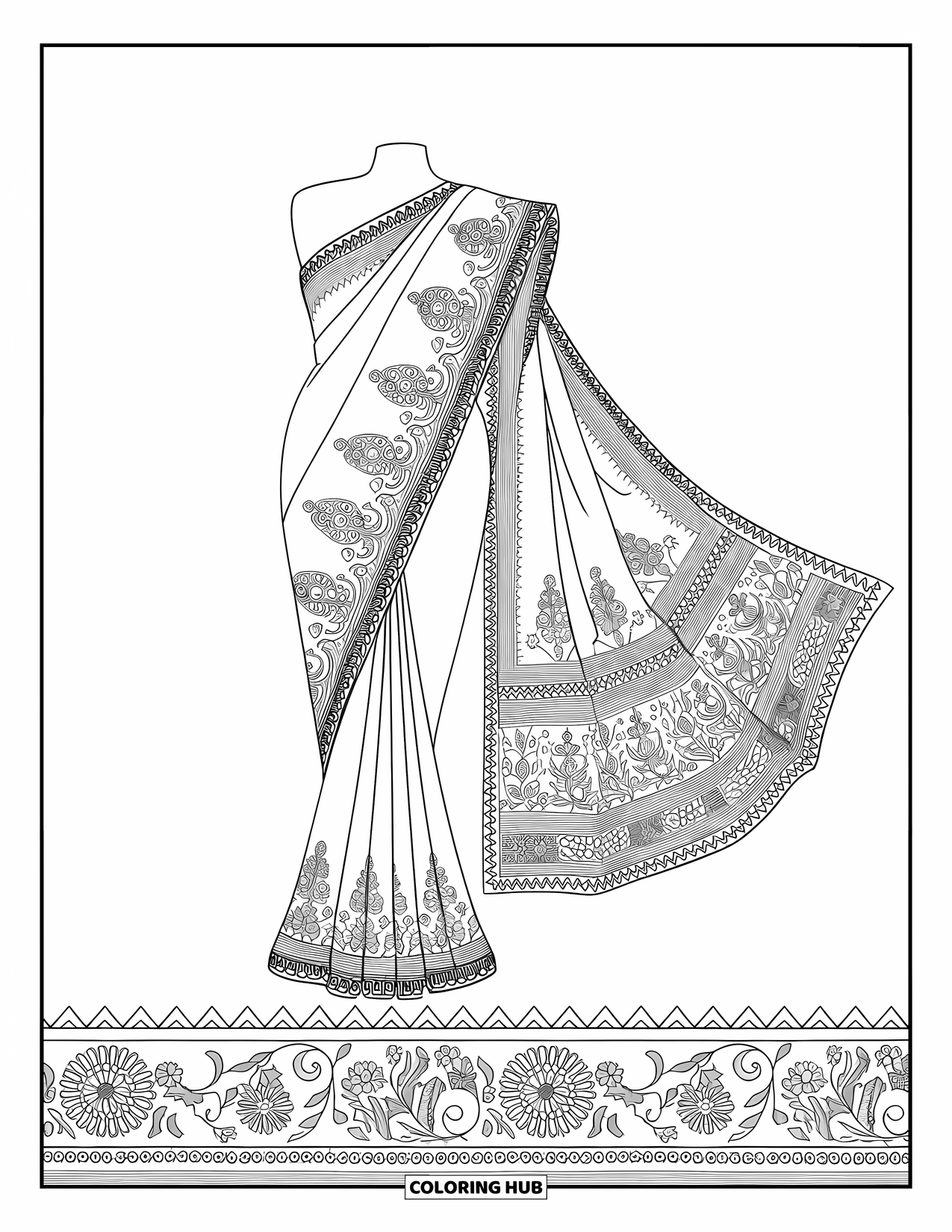 Kolorowanka z sukienką dla dorosłych: Indyjskie saree z haftem paisley, plisowanymi detalami i ozdobnym obramowaniem