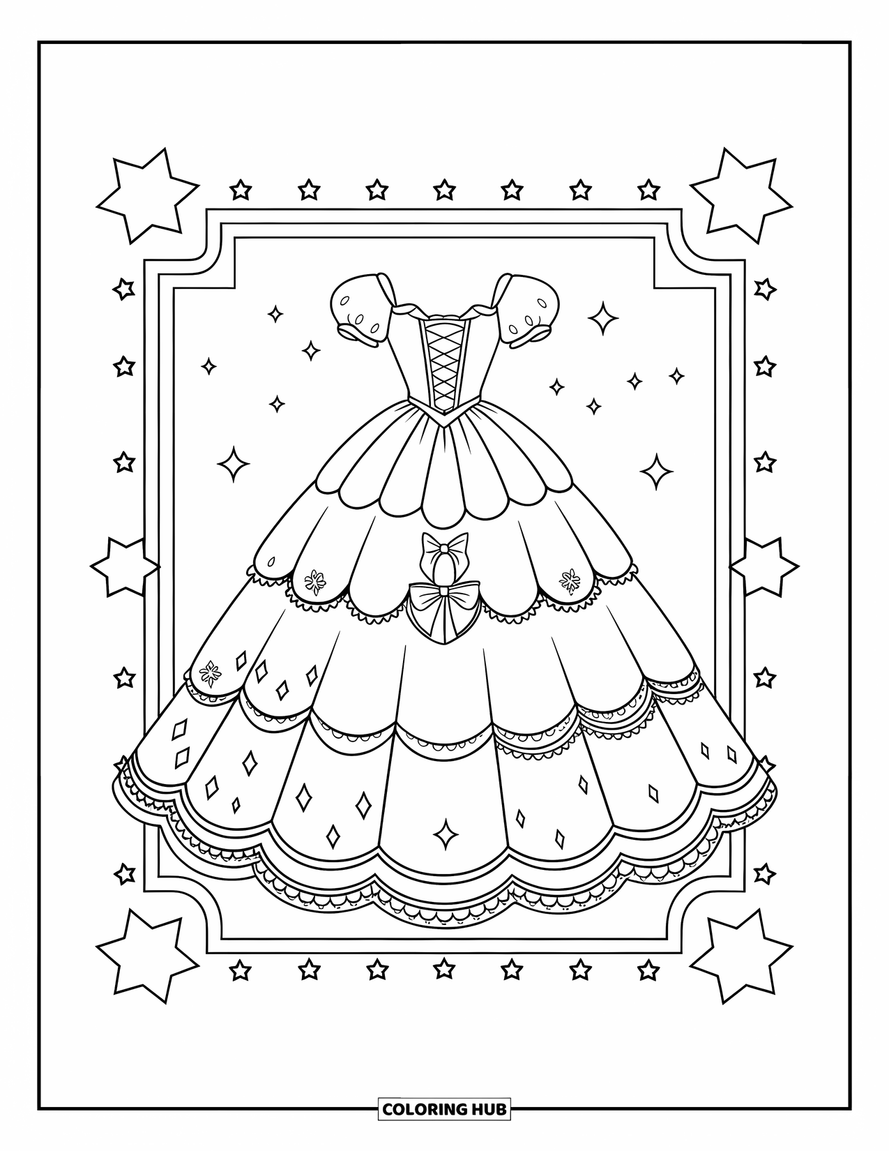 Kolorowanka z sukienką dla dzieci: Suknia balowa ze sznurowanym tyłem i delikatnymi wzorami, umieszczona w ozdobnej ramie