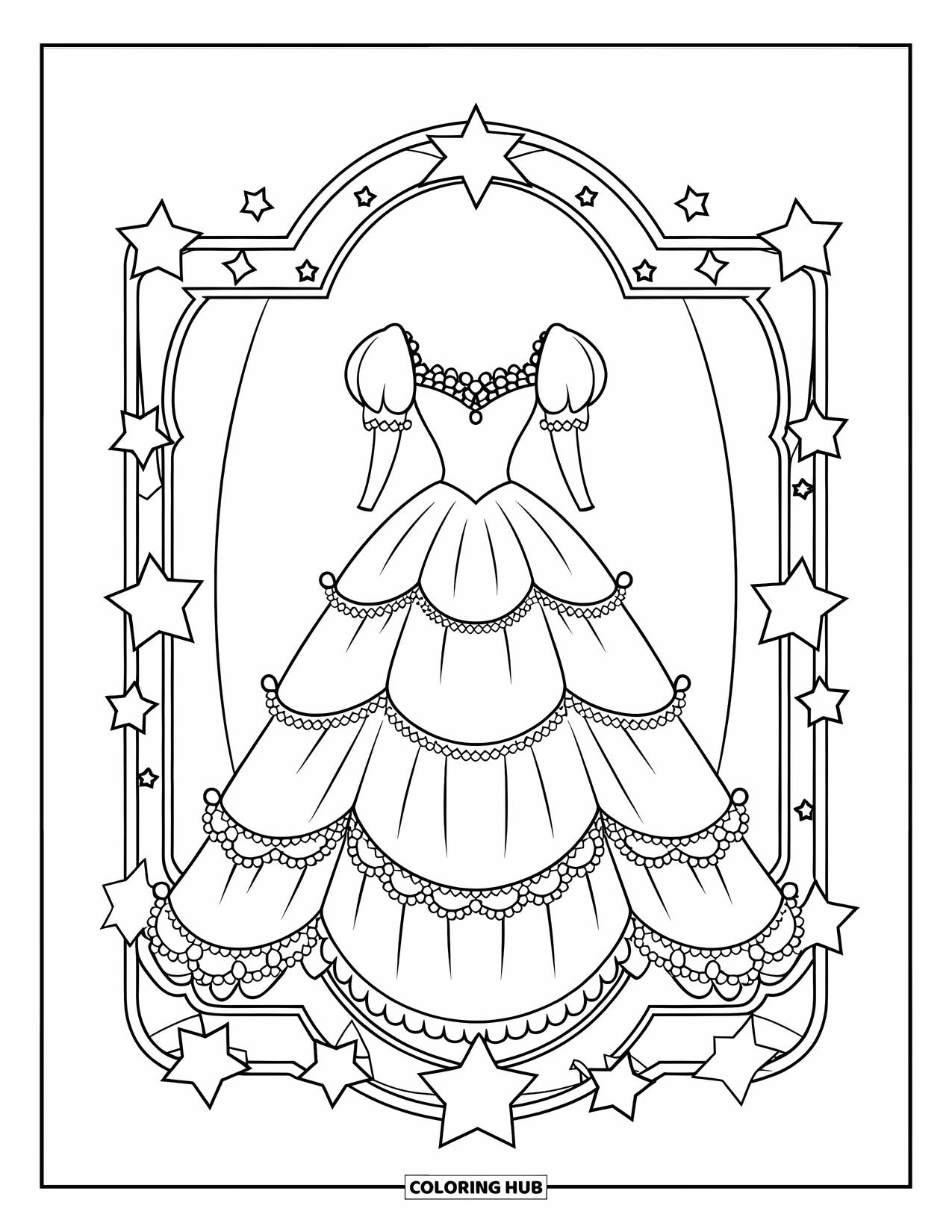 Kolorowanka z sukienką dla dzieci: Suknia balowa z koronką, perłami i bufiastymi rękawami, wyeksponowana w złotej, gwiaździstej ramie