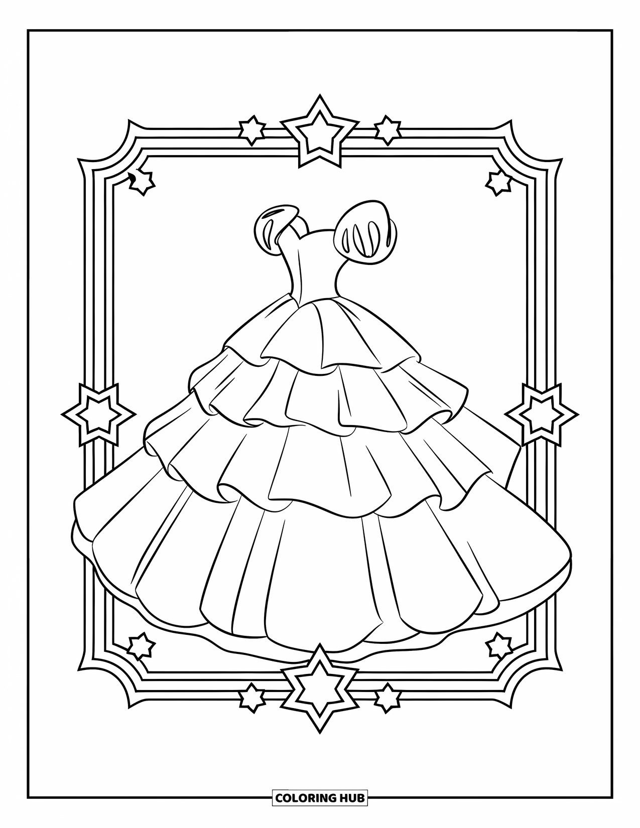 Kolorowanka z sukienką dla dzieci: Suknia balowa z bufiastymi rękawami, warstwową spódnicą i ramą ozdobioną gwiazdami