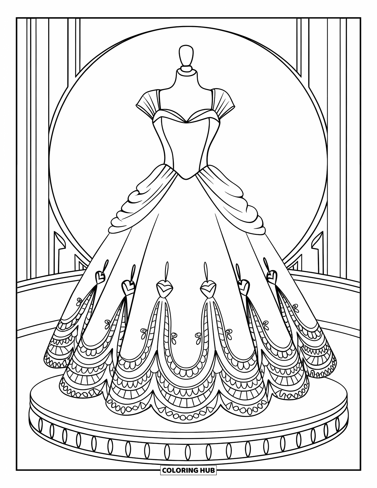 Kolorowanka z sukienką dla dzieci: Suknia balowa z koronkowymi detalami prezentowana na sukience w stylu vintage