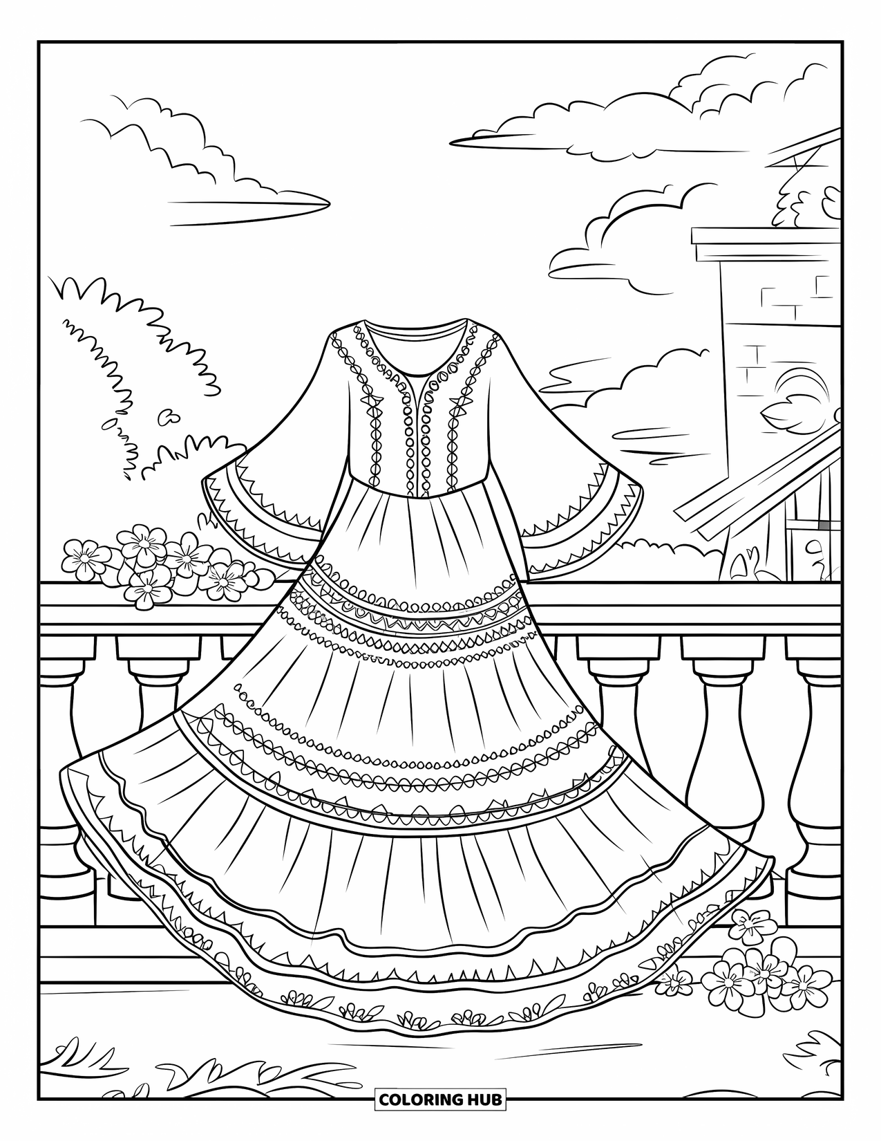 Kolorowanka z sukienką dla dzieci: Sukienka w stylu bohemy przewieszona przez balustradę, otoczona kwiatami