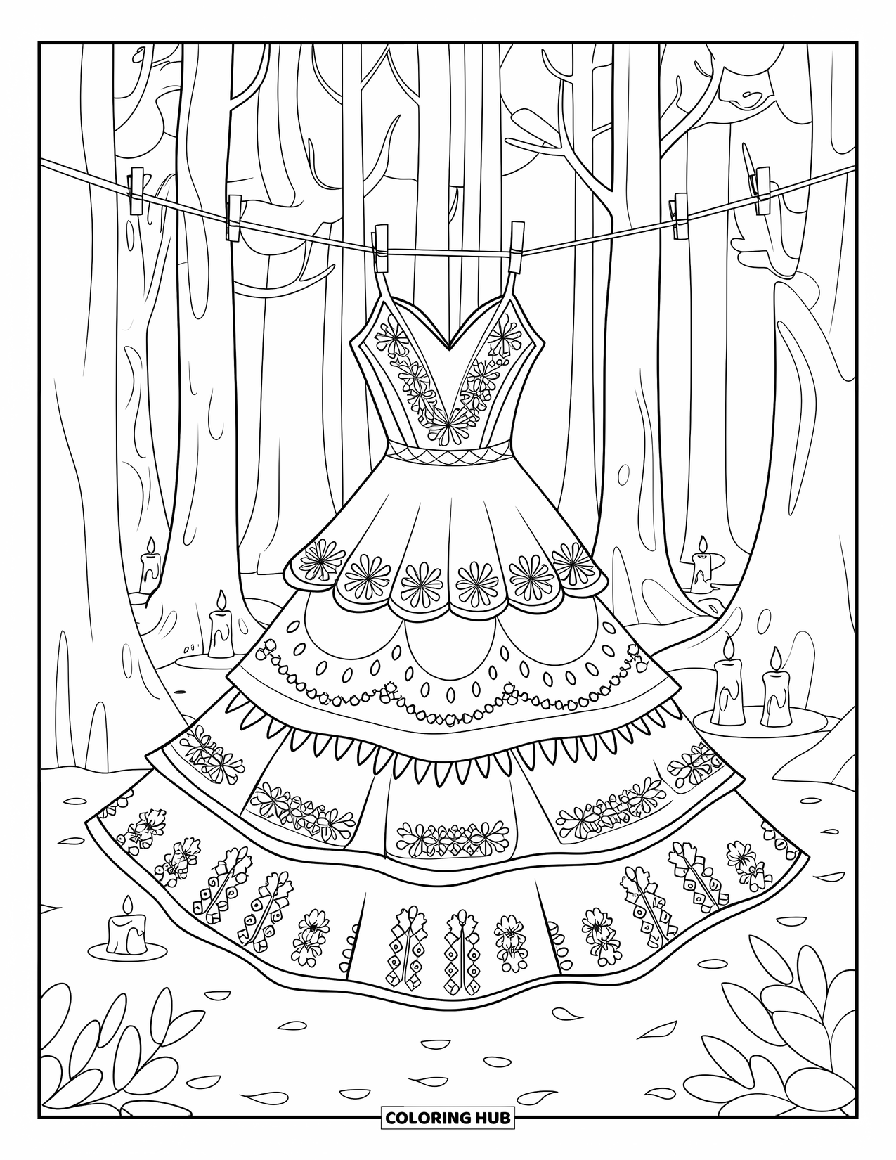 Kolorowanka z sukienką dla dzieci: Sukienka w stylu bohemy wisząca na sznurze na pranie w mistycznym lesie