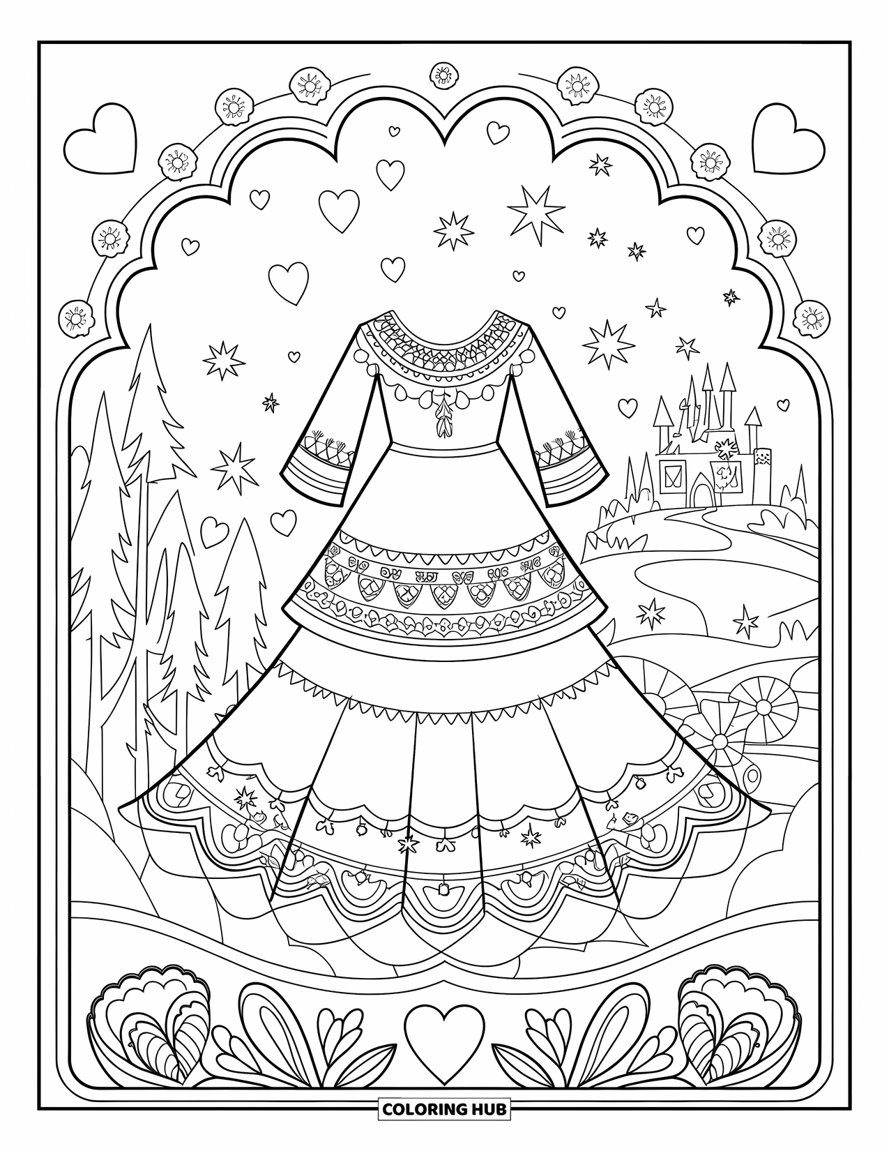 Kolorowanka z sukienką dla dzieci: Sukienka w stylu bohemy z unoszącymi się sercami, gwiazdami i kwiatami dookoła