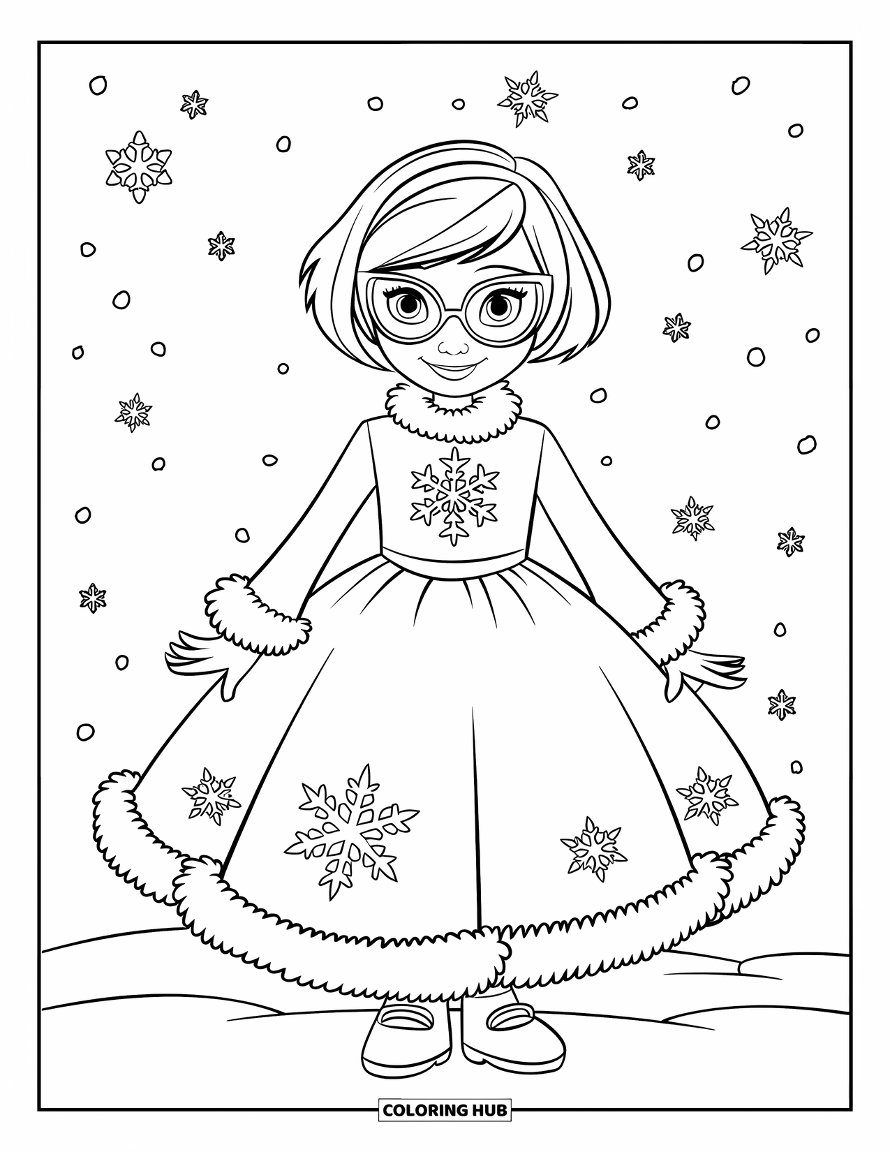 Kolorowanka z sukienką dla dzieci: Postać w zimowej sukience w okularach, stojąca wśród spadających płatków śniegu