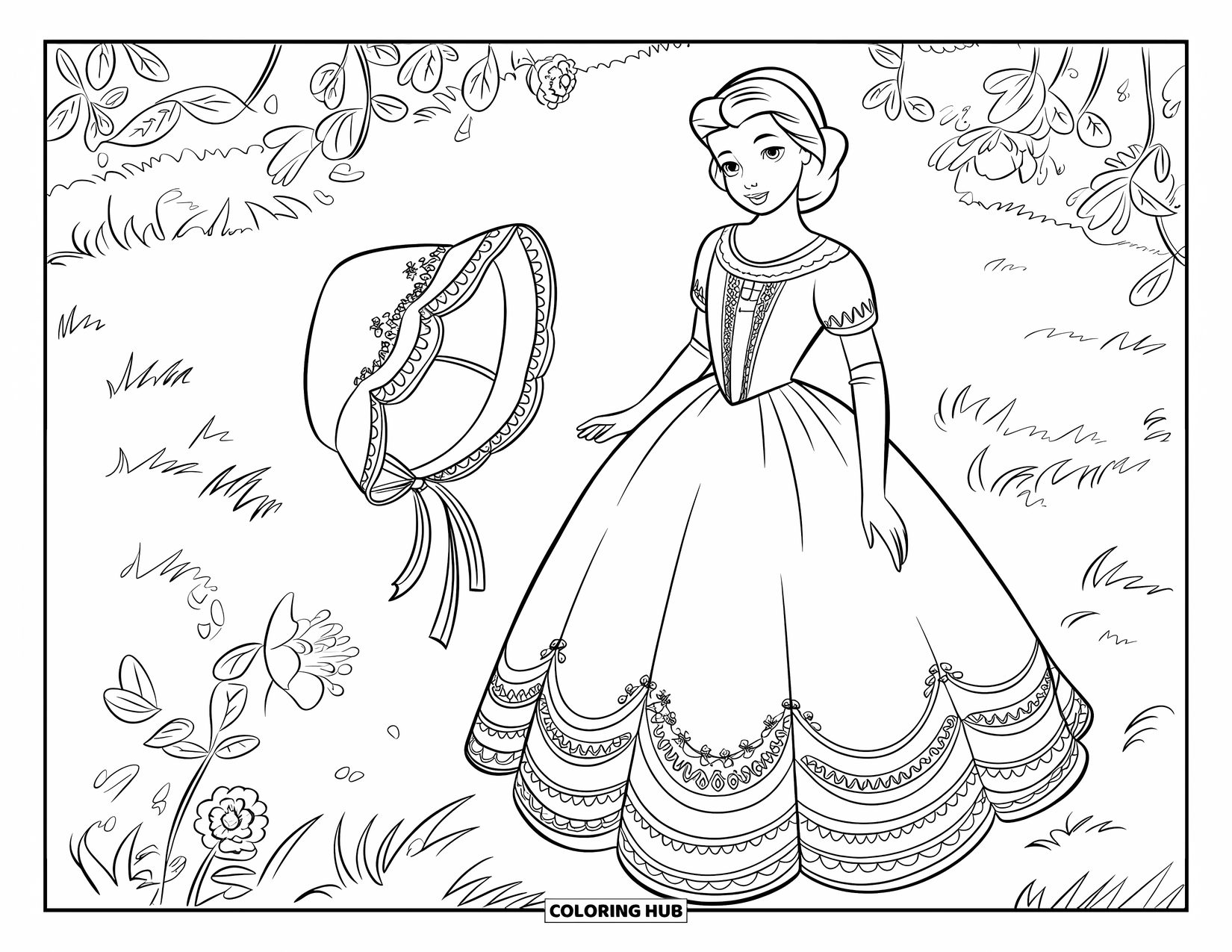 Kolorowanka z sukienką dla dzieci: Klasyczna sukienka w stylu vintage z koronkowymi detalami, otoczona kwiatami i liśćmi