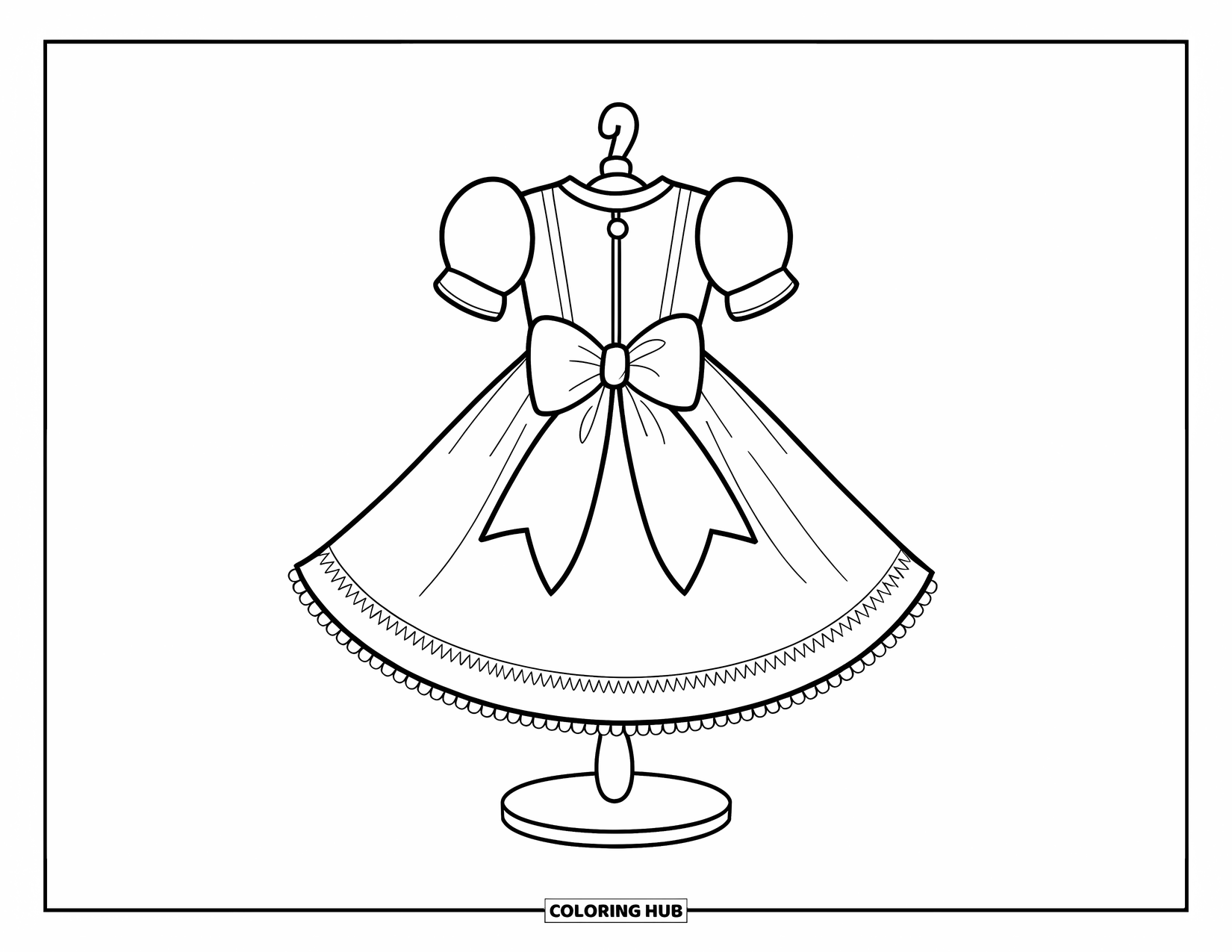 Kolorowanka z sukienką dla dzieci: Sukienka dla lalki z pełną spódnicą i dużą kokardą, starannie wyeksponowana na stojaku