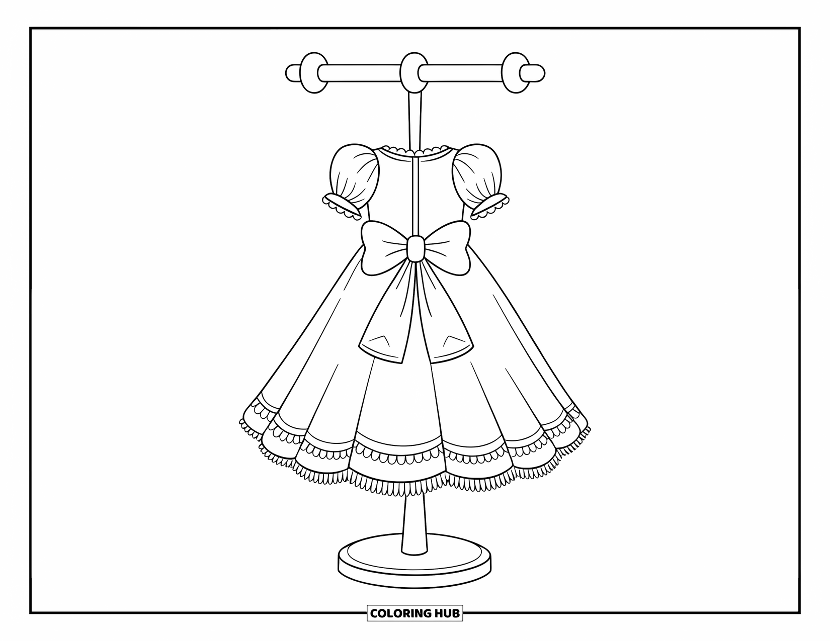 Kolorowanka z sukienką dla dzieci: Sukienka dla lalki z lekką, powiewną spódnicą, umieszczona na drewnianym stojaku na ubrania