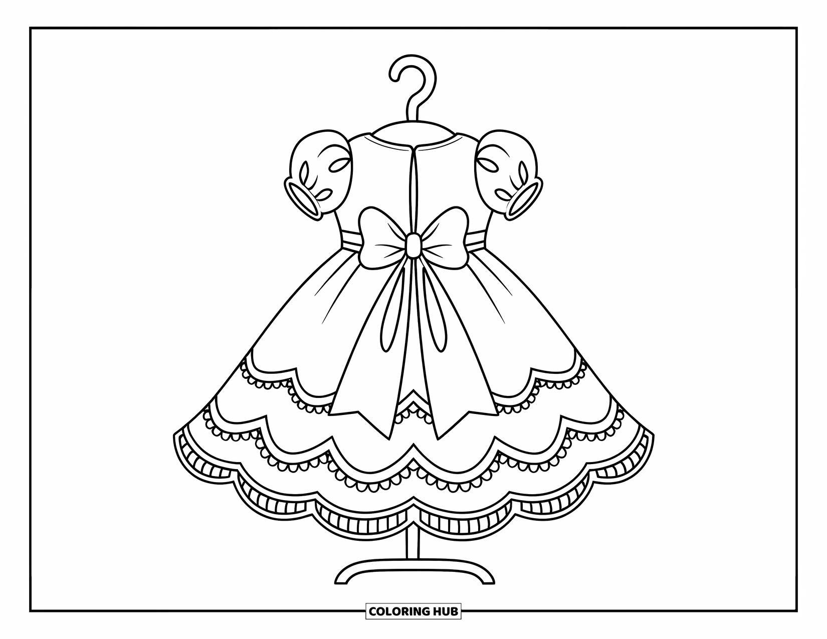 Kolorowanka z sukienką dla dzieci: Sukienka dla lalki z bufiastymi rękawami i dużą kokardą, wyeksponowana na stojaku na ubrania