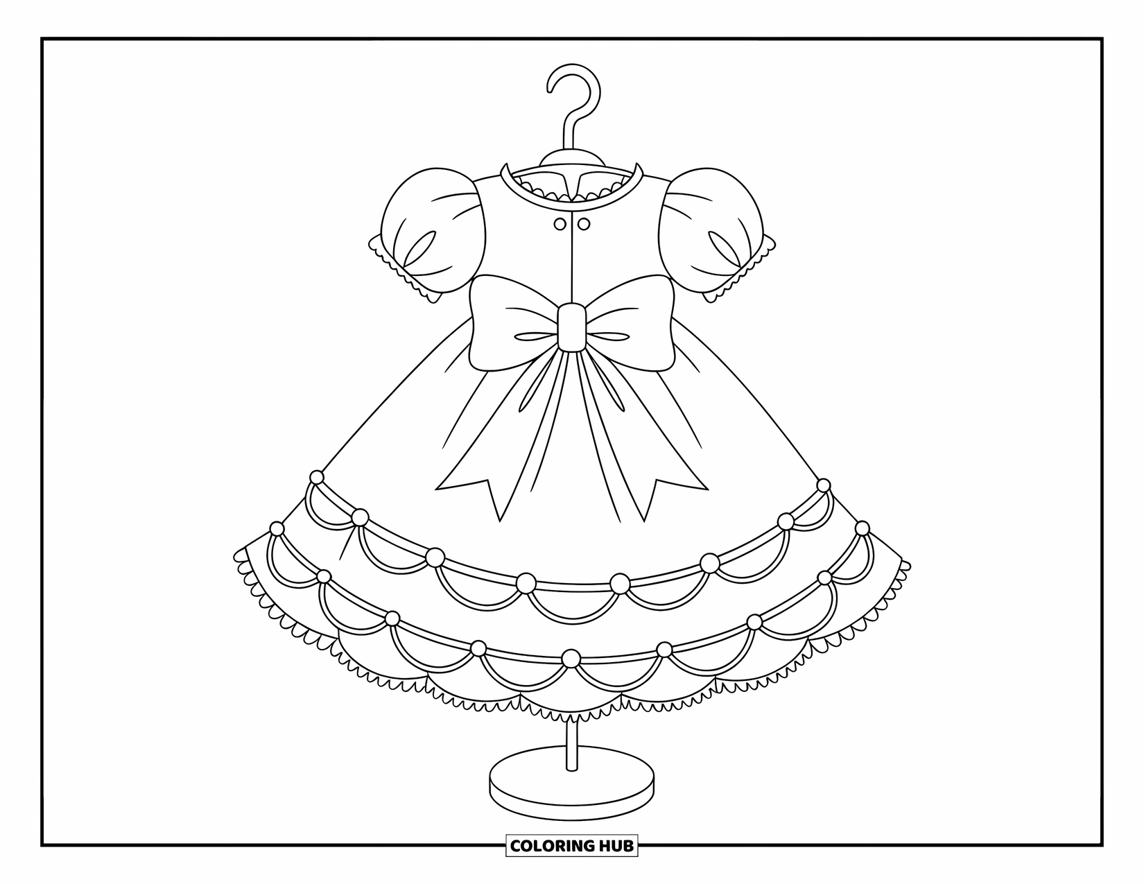 Kolorowanka z sukienką dla dzieci: Sukienka dla lalki z bufiastymi rękawami i dużą kokardą, umieszczona na stojaku do ekspozycji