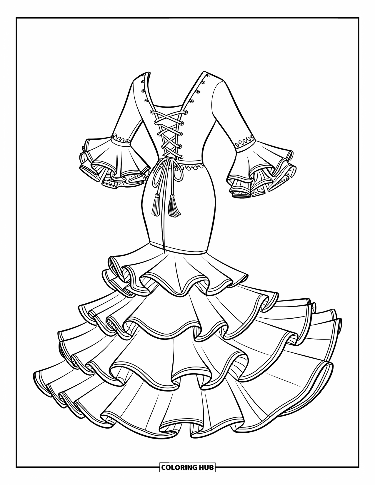 Kolorowanka z sukienką dla dzieci: Efektowna suknia flamenco ze sznurowanymi detalami i srebrnymi akcentami