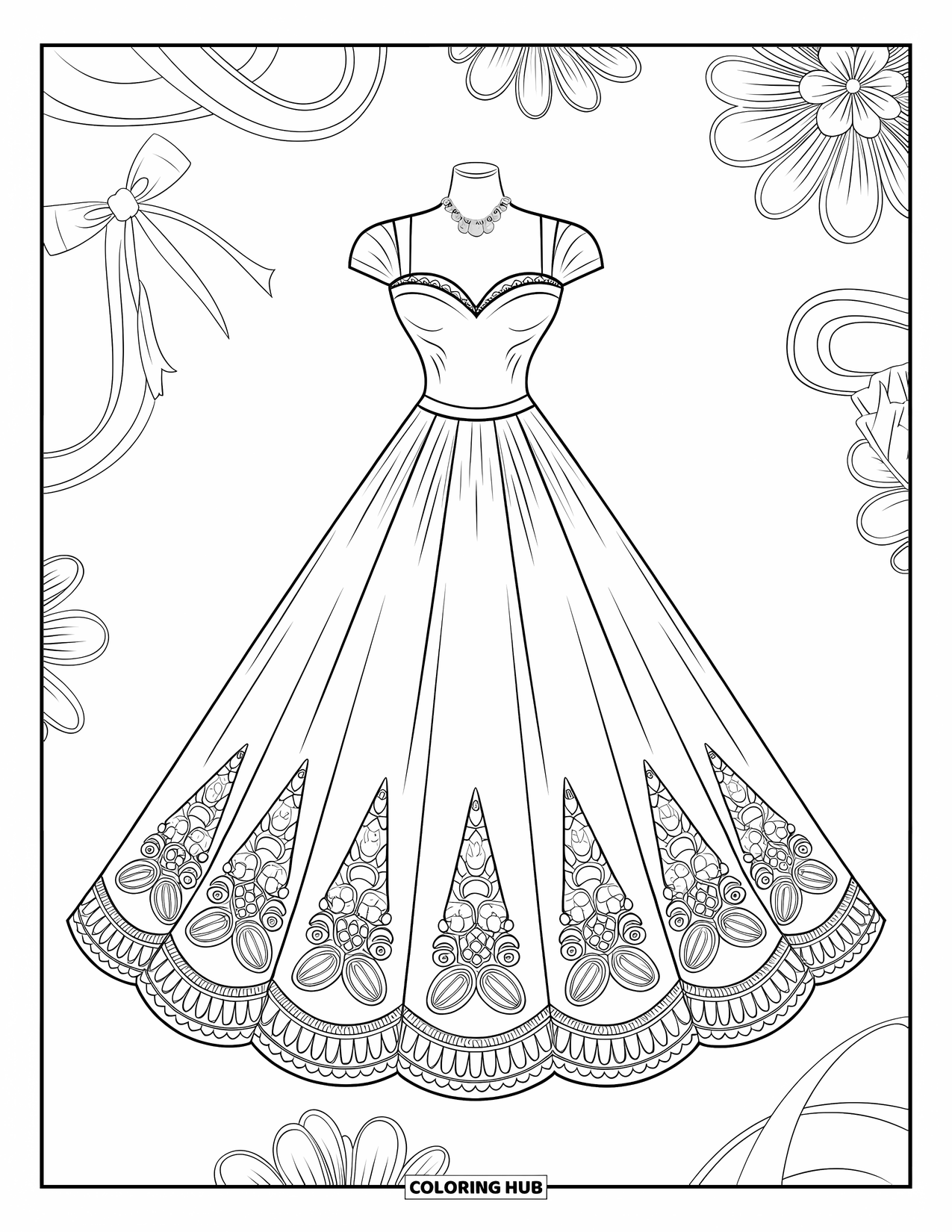 Kolorowanka z sukienką dla dzieci: Sukienka prezentująca suknię balową z dekoltem w kształcie serca i skomplikowaną koronką