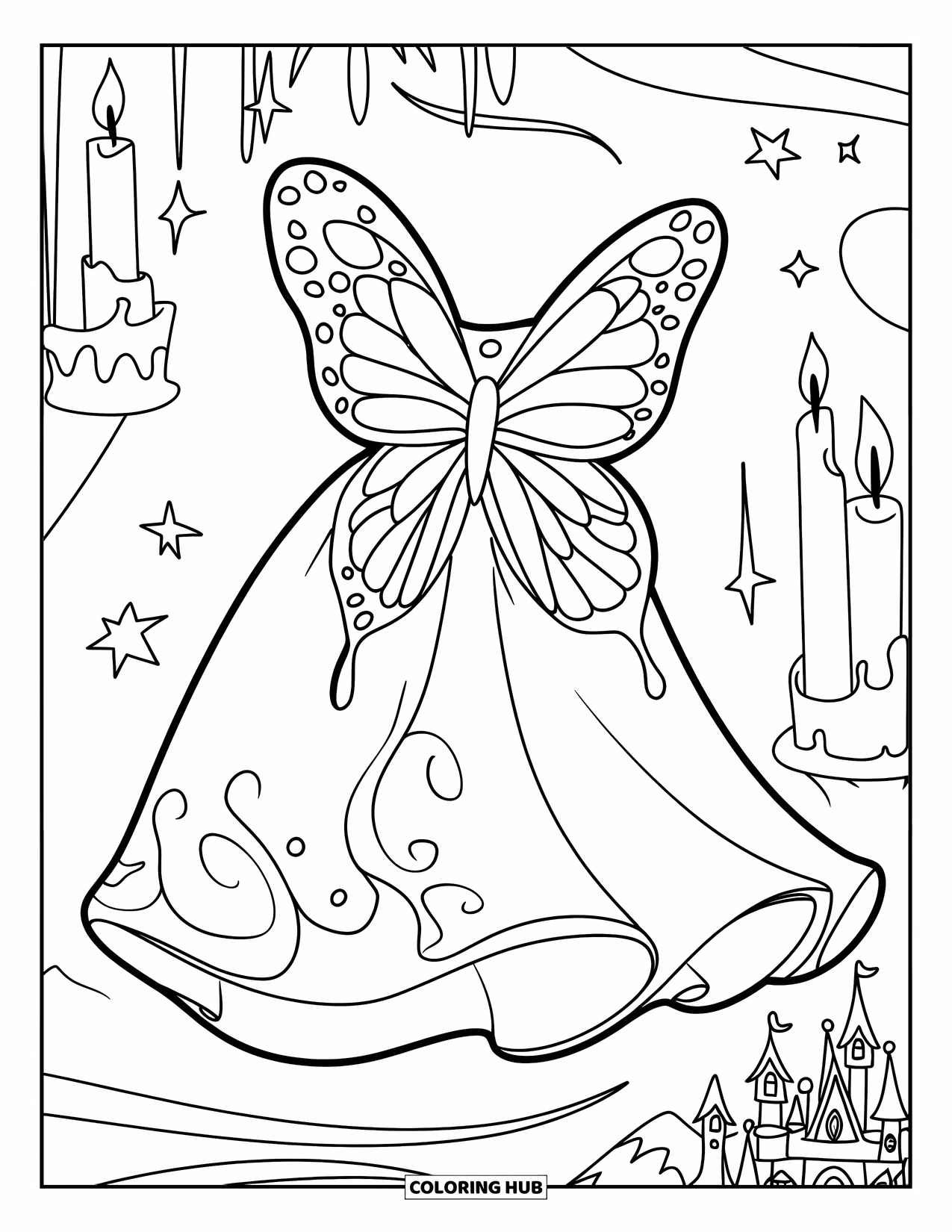 Kolorowanka z sukienką dla dzieci: Sukienka ze skrzydłami motyla, unosząca się w marzycielskiej scenerii ze świecami, gwiazdami i zamkiem