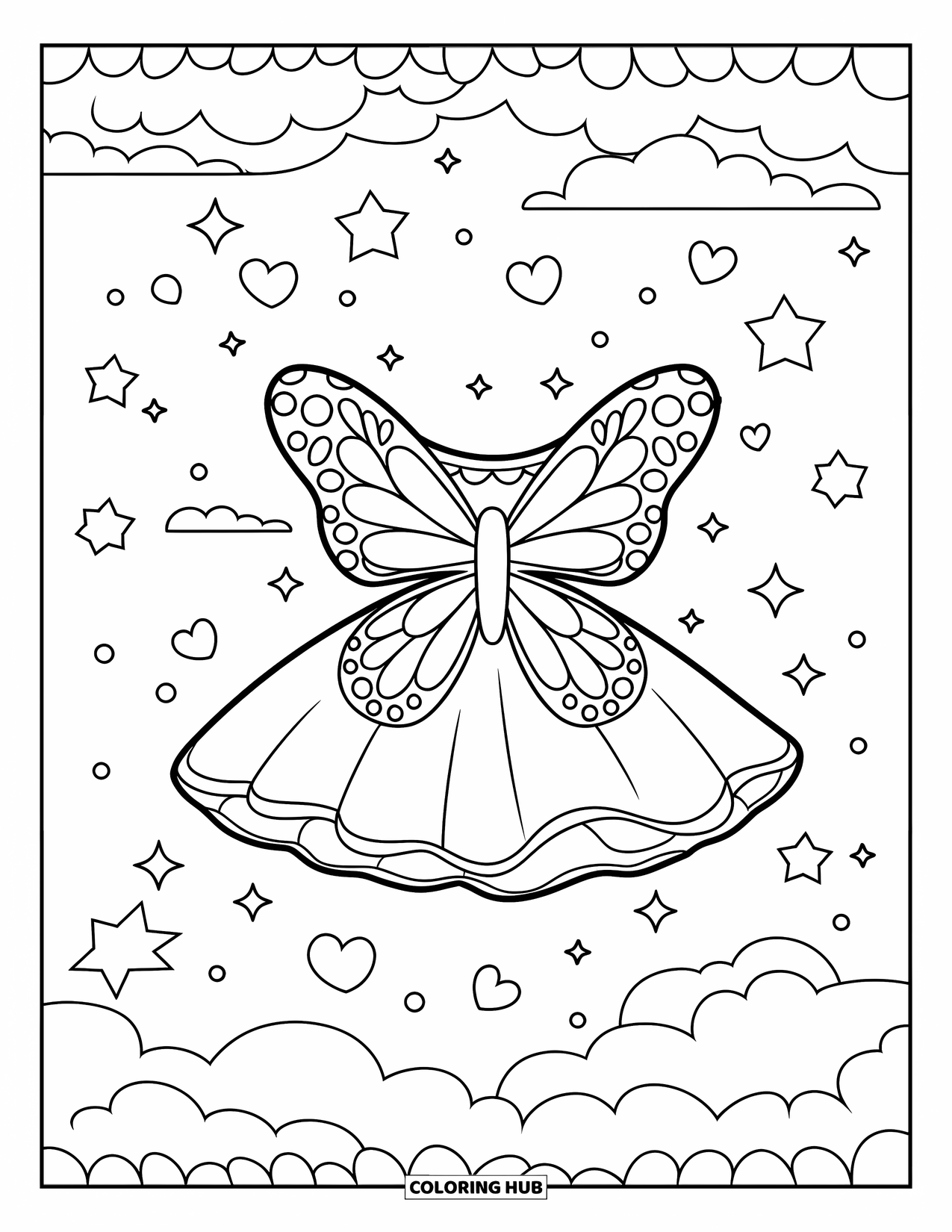 Kolorowanka z sukienką dla dzieci: Sukienka ze skrzydłami motyla, osadzona w marzycielskim świecie unoszących się serc i miękkich chmur
