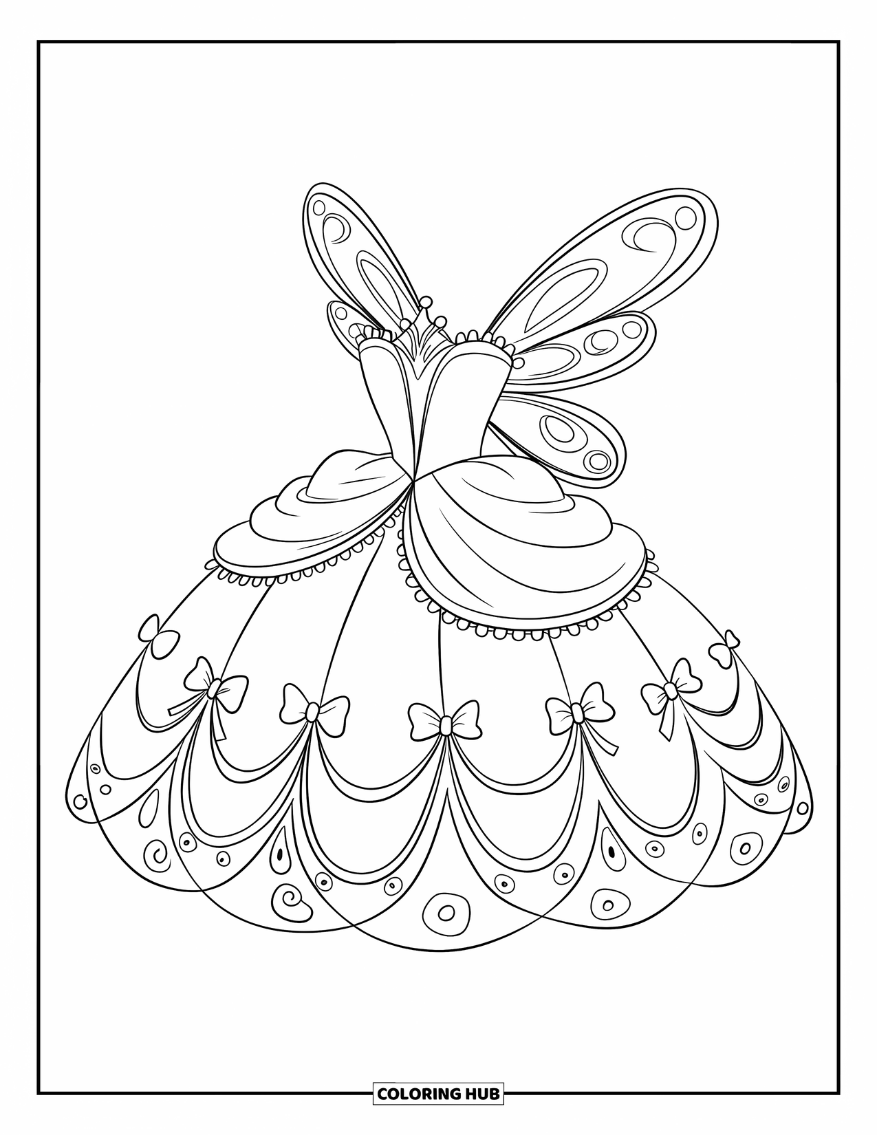 Kolorowanka z sukienką dla dzieci: Sukienka wróżki ze wzorzystą spódnicą, noszona przez skrzydlatą wróżkę z małą koroną