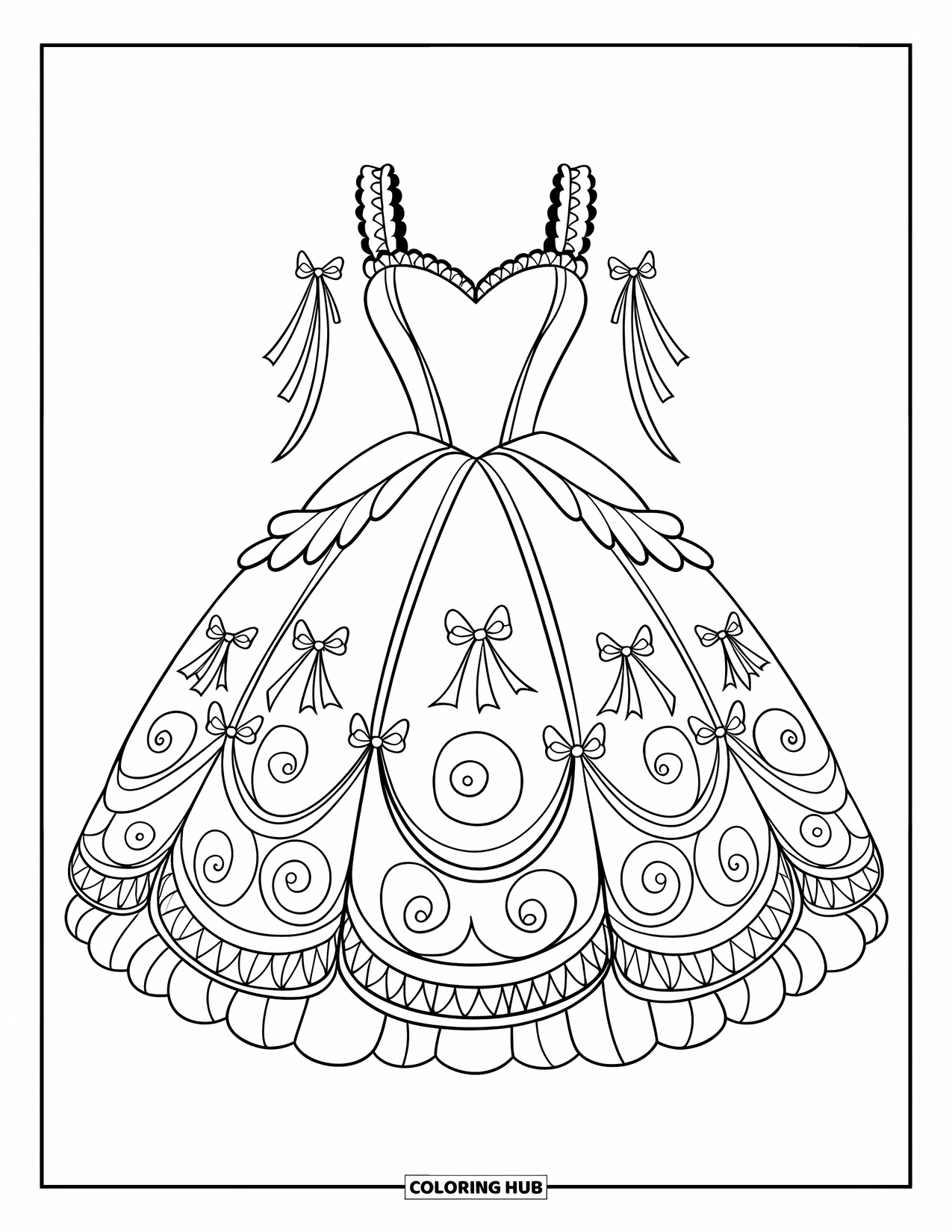 Kolorowanka z sukienką dla dzieci: Sukienka wróżki z dekoltem w kształcie serca, delikatnymi ramiączkami i pełną wzorzystą spódnicą