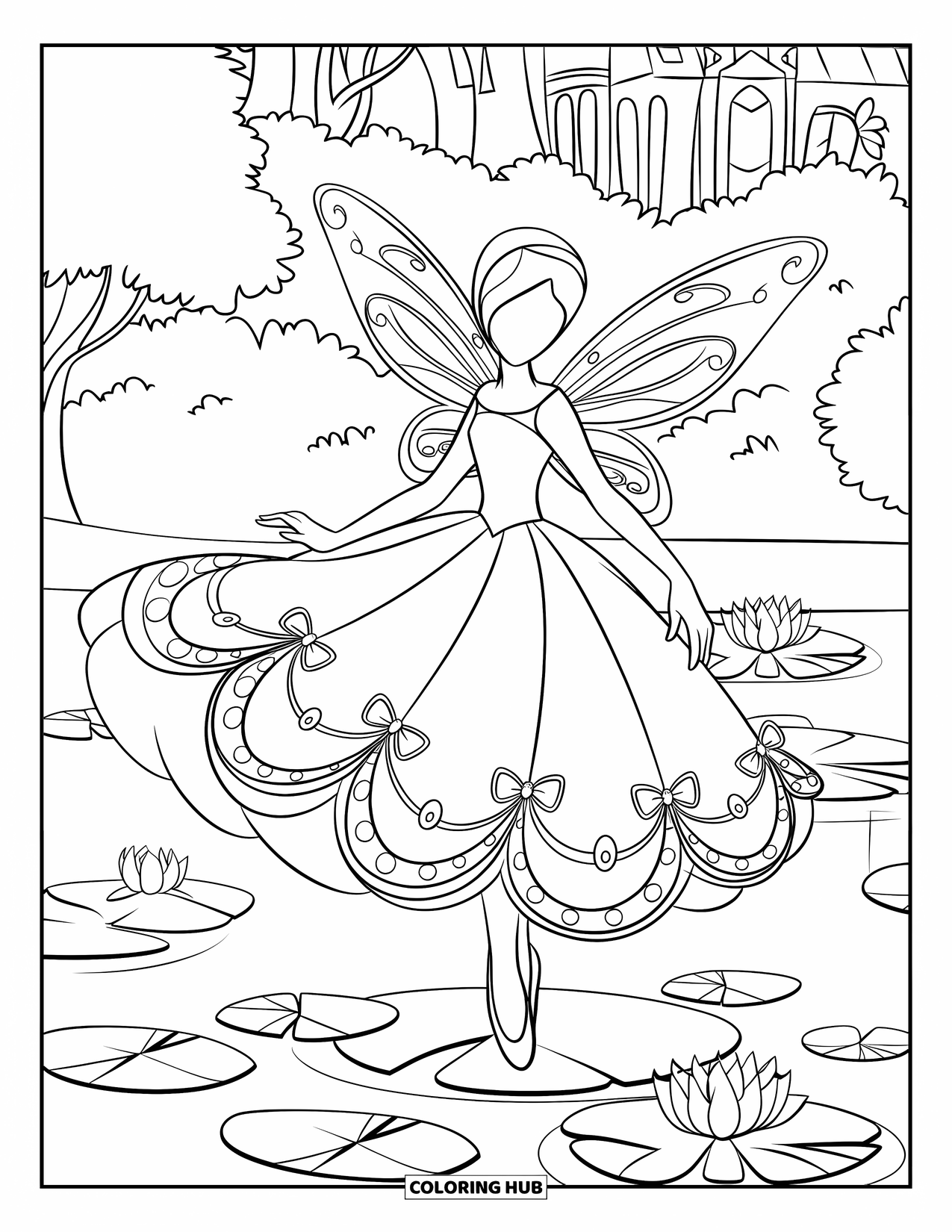 Kolorowanka z sukienką dla dzieci: Sukienka wróżki z eleganckimi detalami, noszona przez skrzydlatą wróżkę stojącą na lilii wodnej